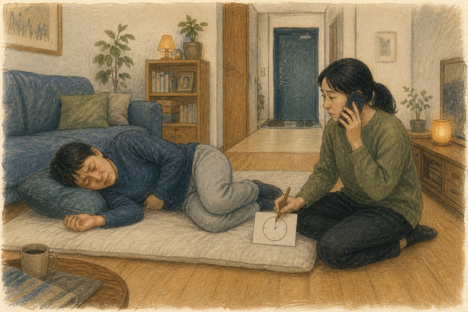 한국 거실에서 복통이 있는 성인이 옆으로 편안히 누워 있고 동행인이 증상 시작 시각을 적으며 119에 연락하는 상황 재구성 (AI 생성 삽화)