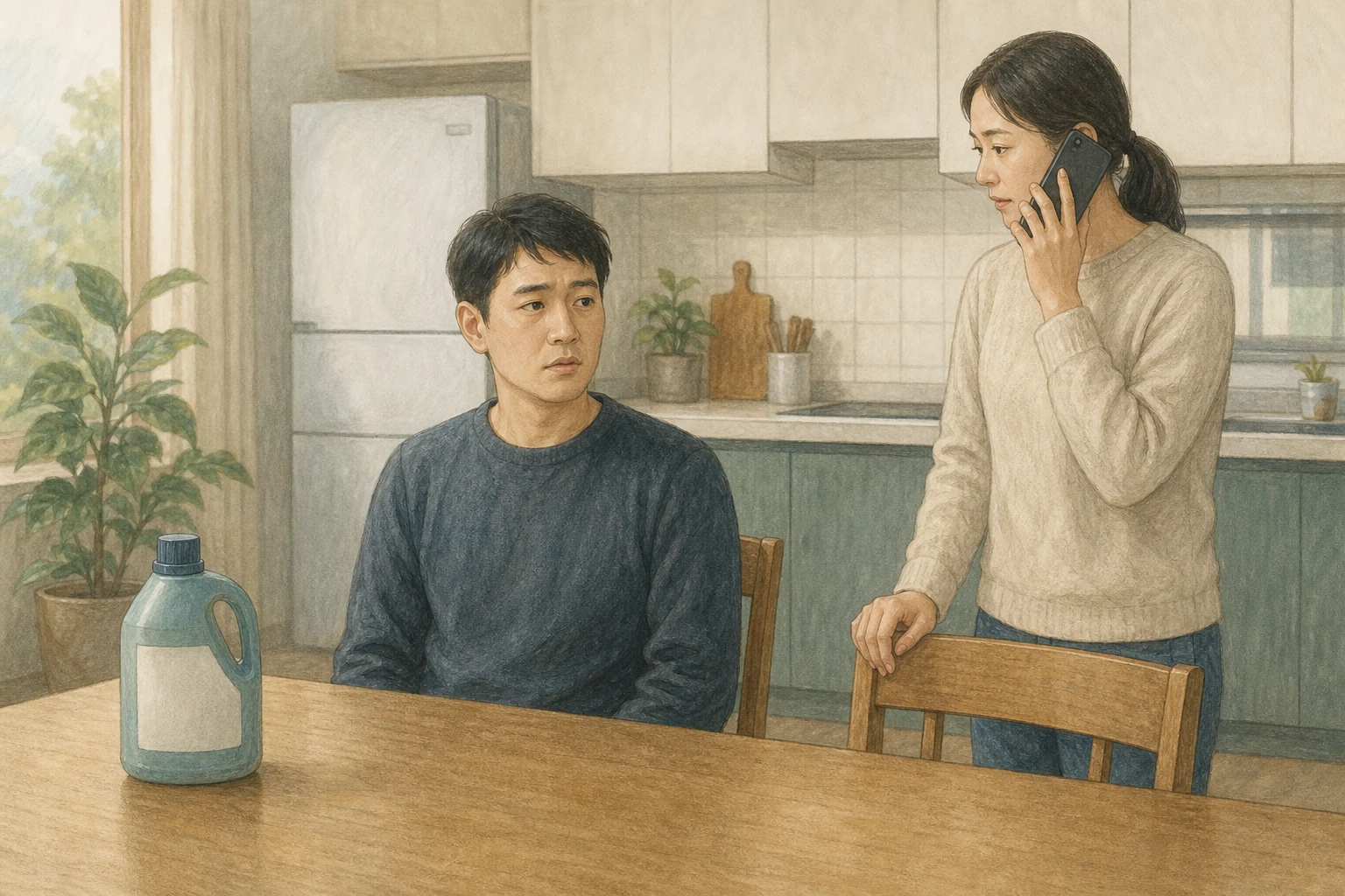 주방에서 보호자가 독성물질의 닫힌 원래 용기와 섭취 시각 메모를 두고 119에 전화하는 상황 재구성 (AI 생성 삽화)
