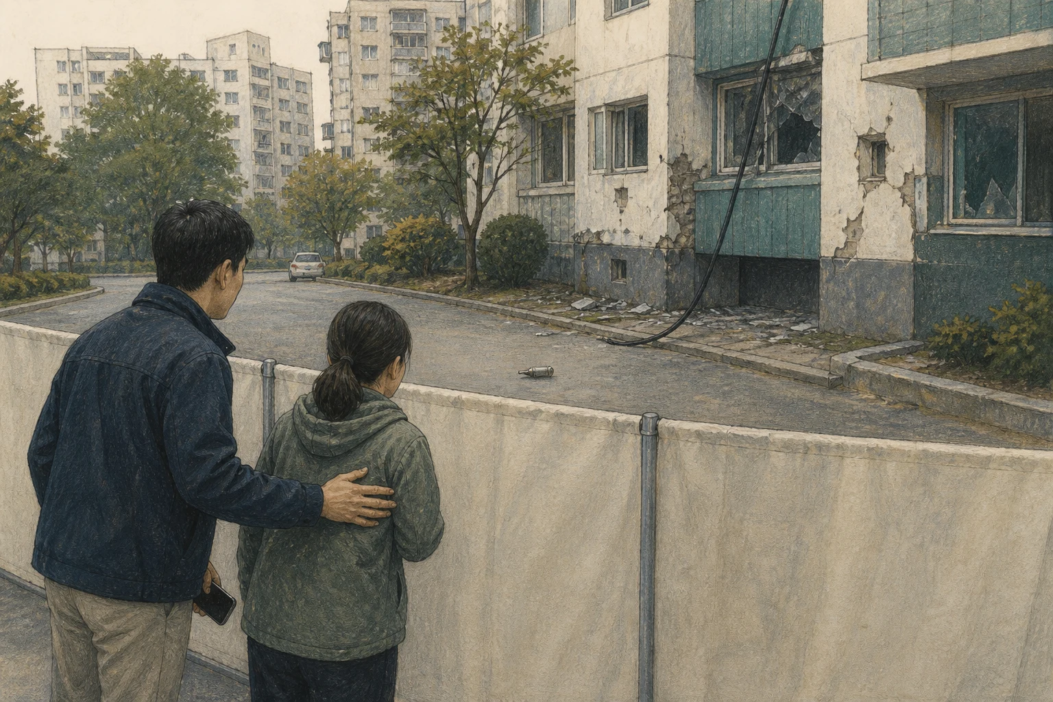 한국 아파트 단지에서 주민 두 명이 임시 장벽 뒤에 머물며 손상 외벽과 처진 전선, 멀리 놓인 의심 물체를 보고 뒤로 물러나 신고하는 상황 재구성 (AI 생성 삽화)