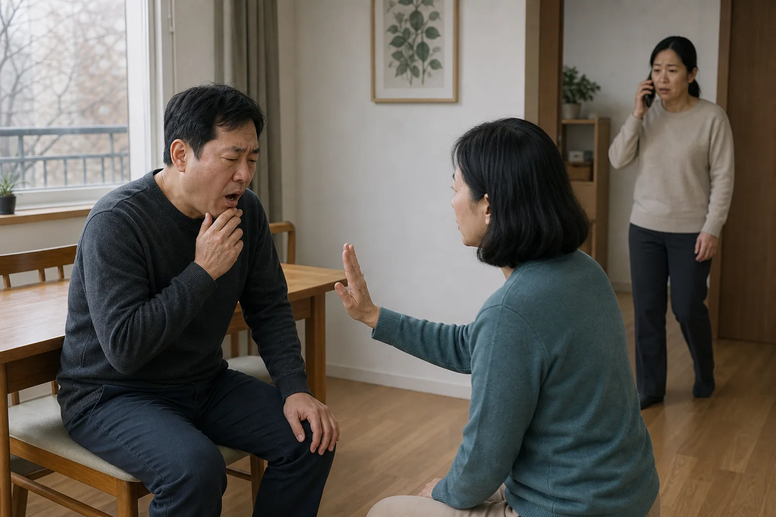 의자에 앉아 기침하는 성인을 한 사람이 눈높이에서 살피고 다른 사람은 휴대전화로 신고하는 상황 재구성 (AI 생성 삽화)