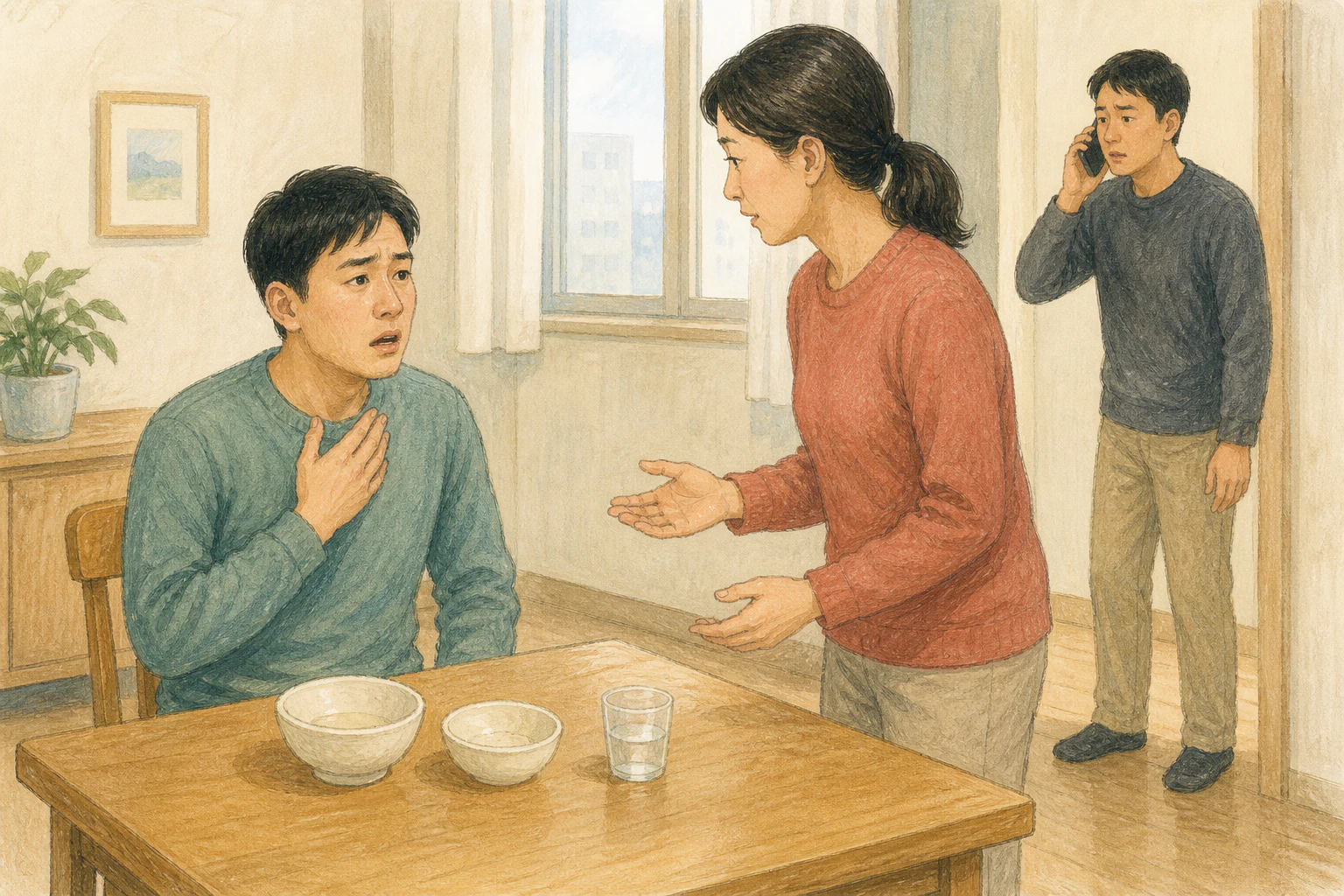 식탁 옆에서 한 사람이 목을 붙잡은 성인에게 말을 걸어 반응을 확인하고 다른 사람이 전화로 신고하는 상황 재구성 (AI 생성 삽화)