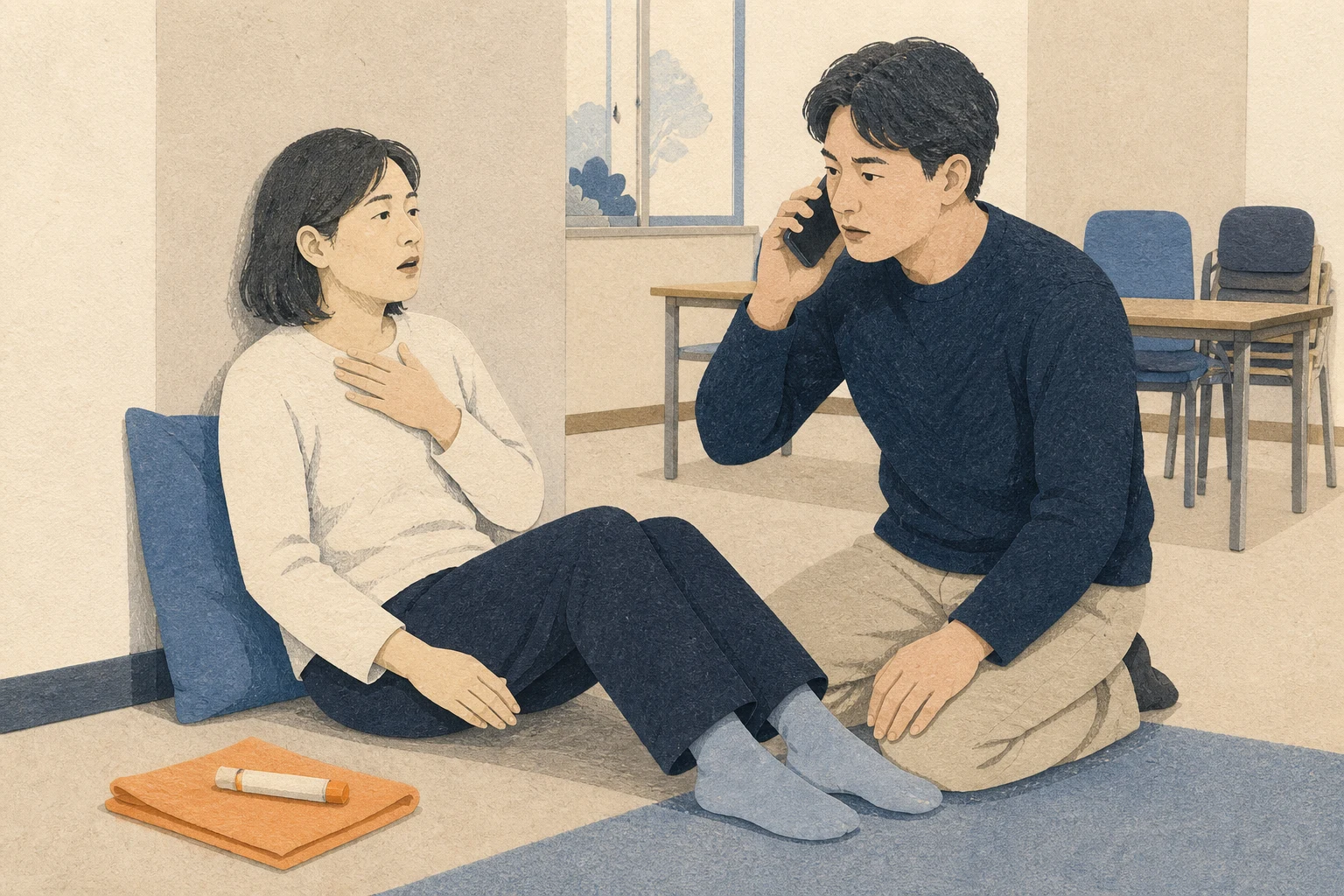 호흡 불편을 호소하는 성인이 바닥 쿠션에 기대어 앉아 있고 동행인은 신고하며 닫힌 무표지 자동주입기는 손이 닿는 곳에 놓인 편집 삽화 (AI 생성 삽화)