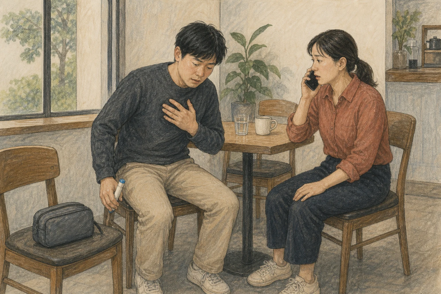 카페에서 의식 있는 성인이 자신의 캡이 닫힌 에피네프린 자동주입기를 허벅지 옆에 준비하고 동행인이 119에 전화하는 상황 재구성 (AI 생성 삽화)