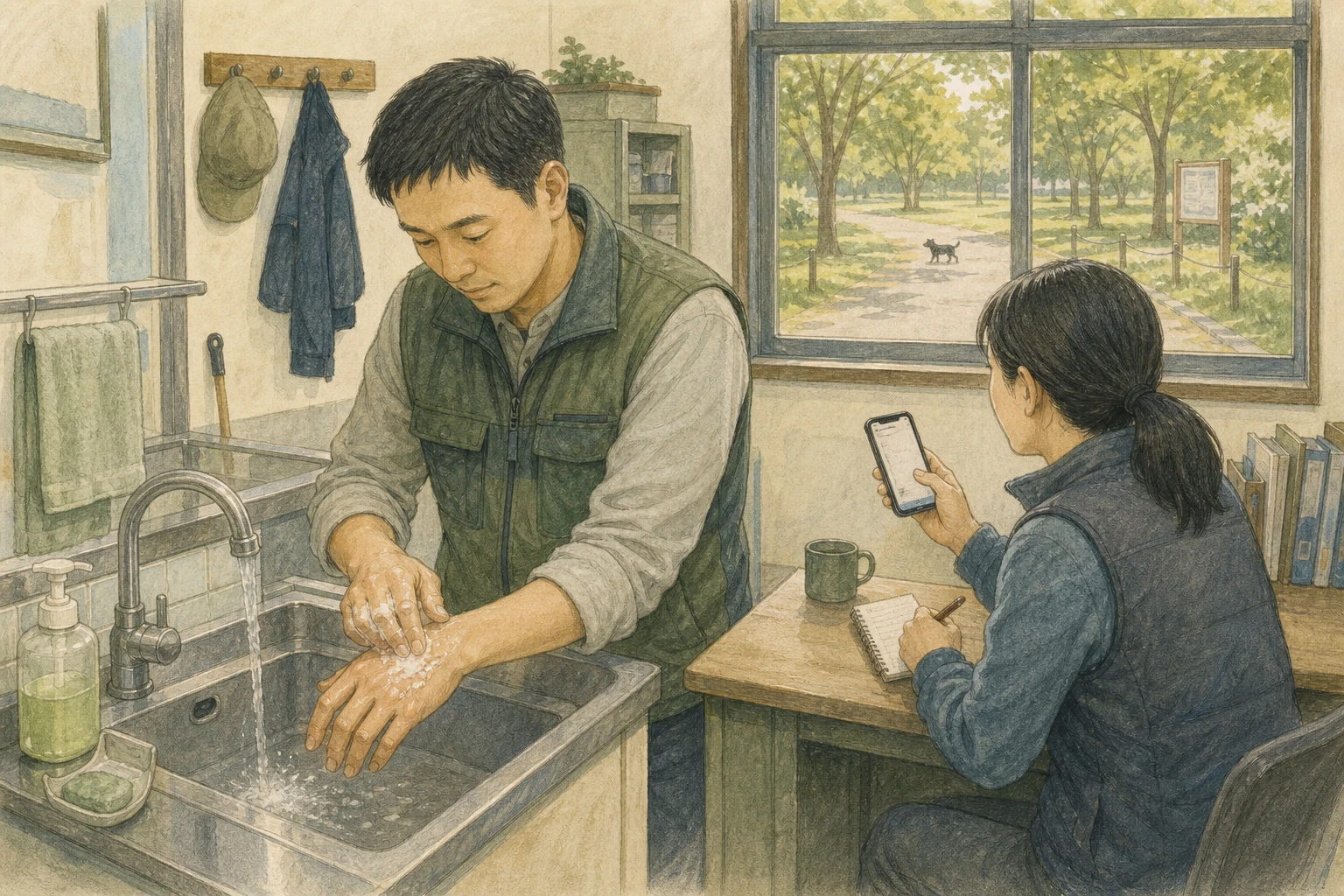 한국 공원 관리실 세면대에서 의식 있는 성인이 작은 손등 긁힘을 비누와 흐르는 물로 씻고 동행인이 안전한 거리에서 보았던 동물의 특징과 시간을 휴대전화에 기록하는 상황 재구성 (AI 생성 삽화)