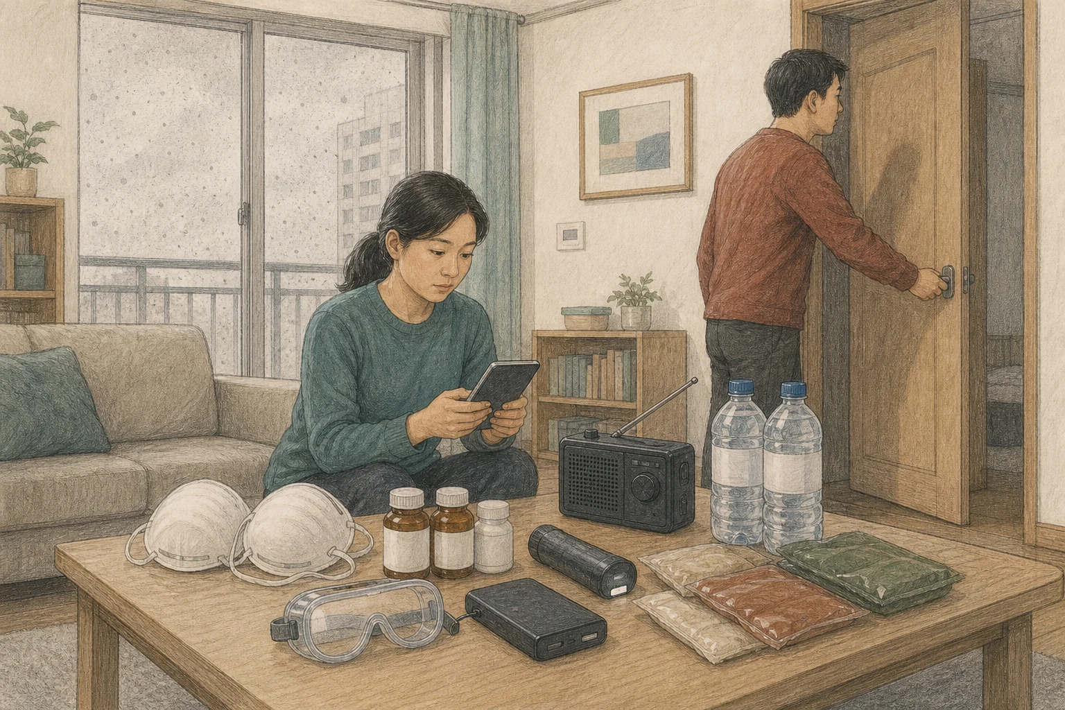 화산재가 내리는 아파트 안쪽 거실에서 가족이 창문을 닫고 마스크·보안경·상비약·밀봉 생수를 모아 공식 방송을 확인하는 상황 재구성 (AI 생성 삽화)