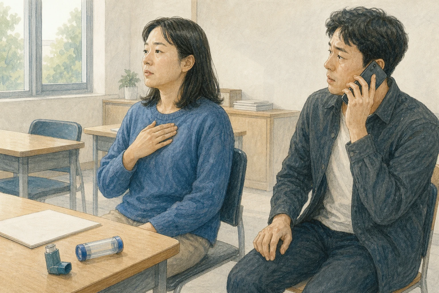 실내에서 천식이 있는 성인이 의자에 똑바로 앉아 자신의 흡입기와 스페이서를 가까이 두고 동행인이 119에 전화하는 상황 재구성 (AI 생성 삽화)
