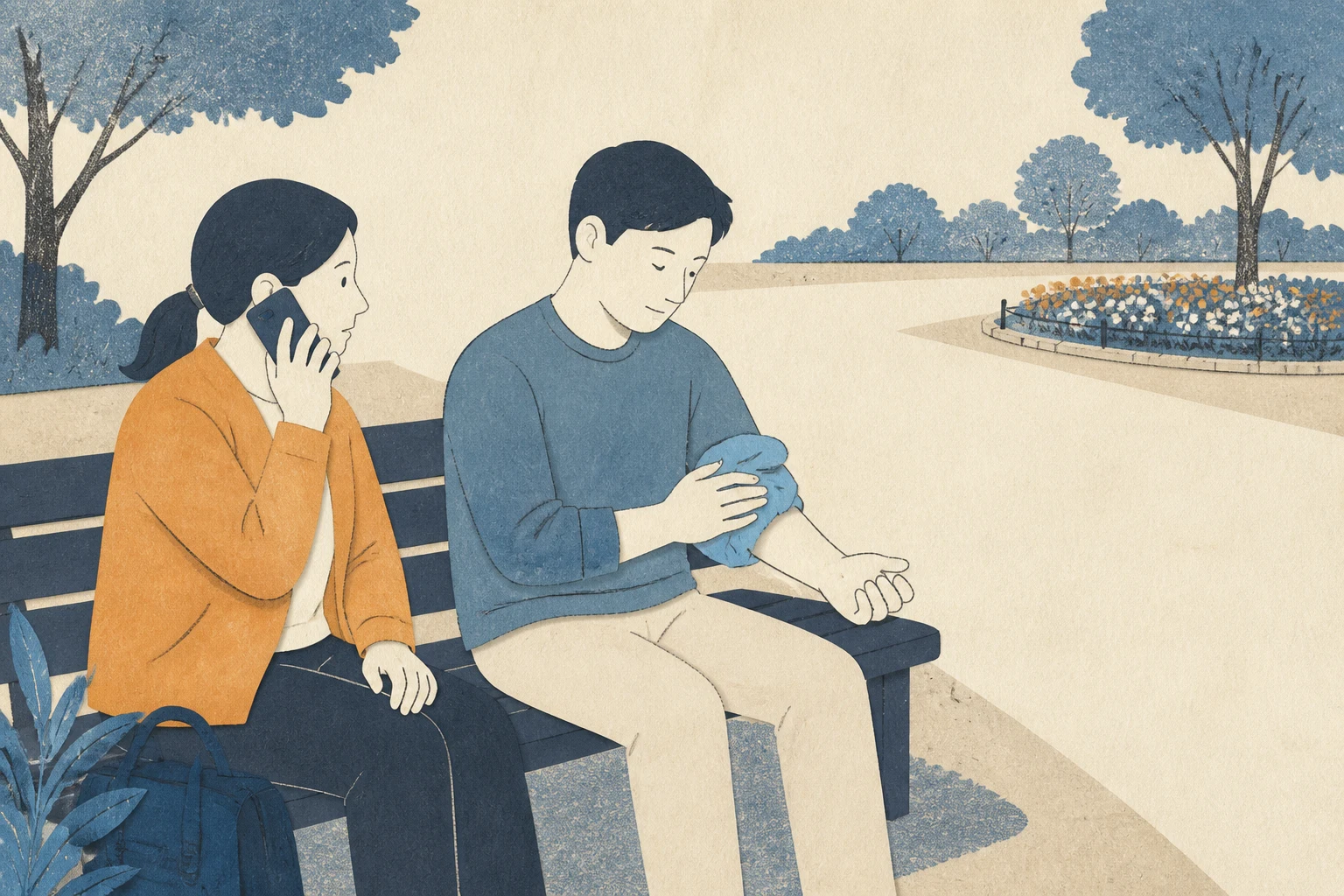 화단에서 멀리 떨어진 공원 벤치에서 성인이 천으로 감싼 냉찜질 팩을 팔에 대고 동행인은 전화하며 상태를 살피는 편집 삽화 (AI 생성 삽화)
