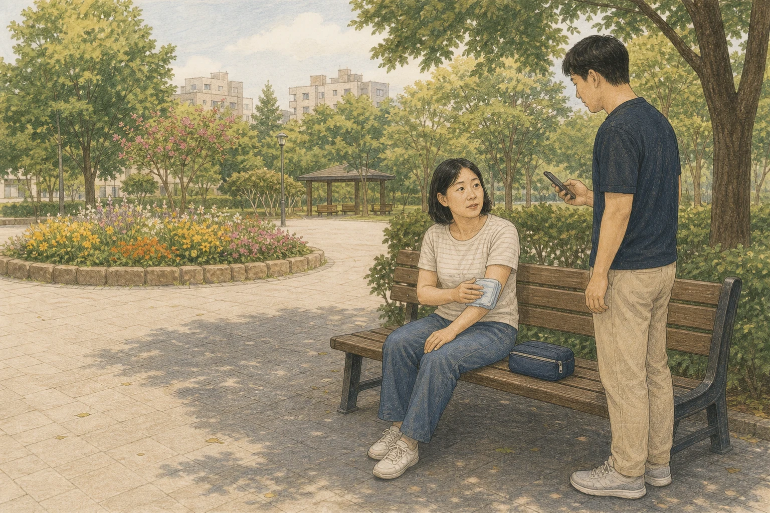 한국의 늦여름 공원에서 성인 두 명이 벌이 있던 화단에서 열린 보도로 이동한 뒤 한 사람은 팔에 천으로 감싼 냉찜질을 하고 동행인은 휴대전화와 처방 에피네프린 주머니를 확인하며 상태를 살피는 상황 재구성 (AI 생성 삽화)