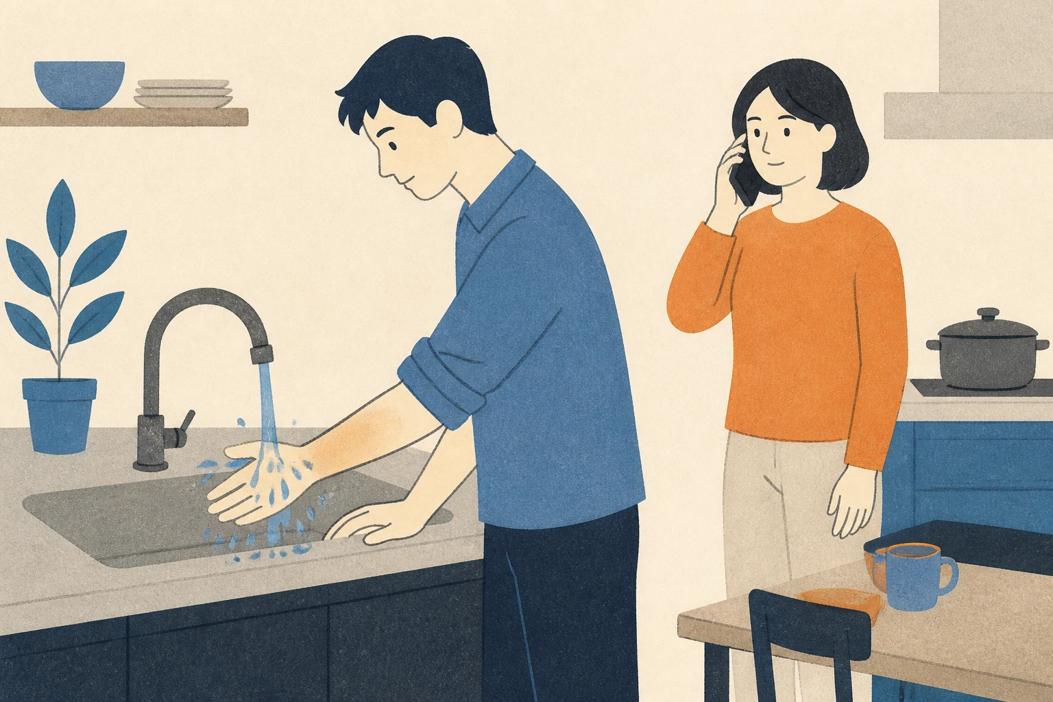 열원이 꺼진 주방에서 성인이 팔을 흐르는 물로 식히고 동행인은 전화로 도움을 요청하는 편집 삽화 (AI 생성 삽화)