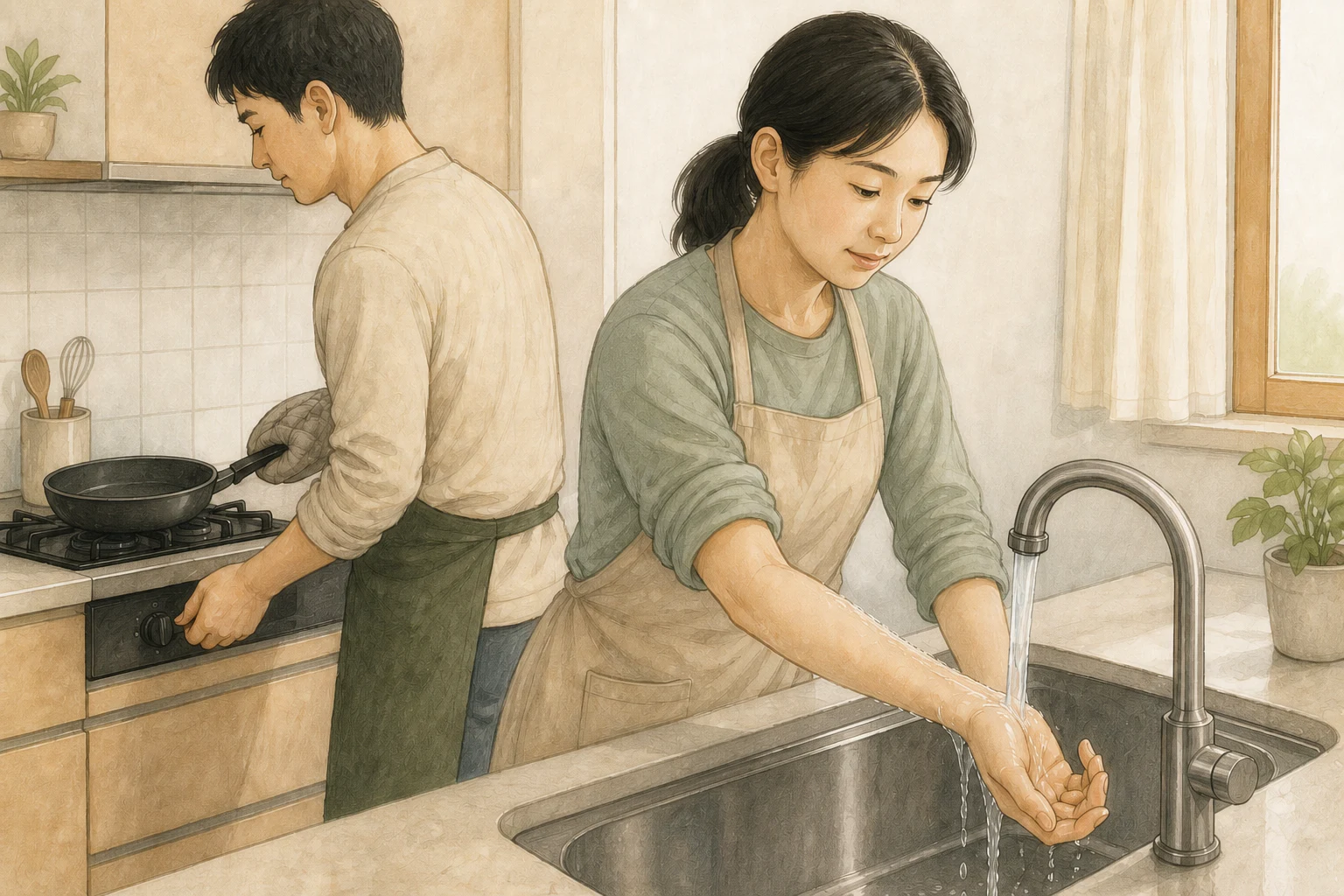 주방 싱크대 앞에서 한 사람이 팔을 흐르는 물줄기 아래에 두고 식히는 동안 다른 사람이 가열 기구의 불을 끄는 상황 재구성 (AI 생성 삽화)