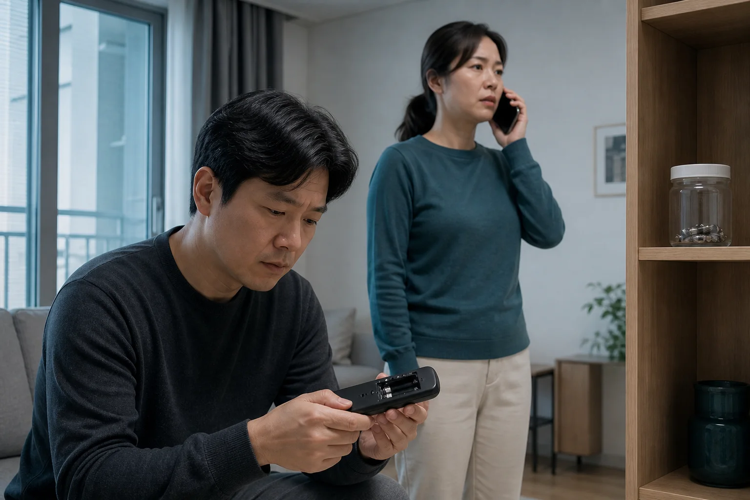 성인이 리모컨의 빈 전지함을 확인하고 다른 성인은 전화하며 남은 단추형 전지는 뚜껑을 잠근 투명 용기에 넣어 높은 선반에 둔 상황 재구성 (AI 생성 삽화)