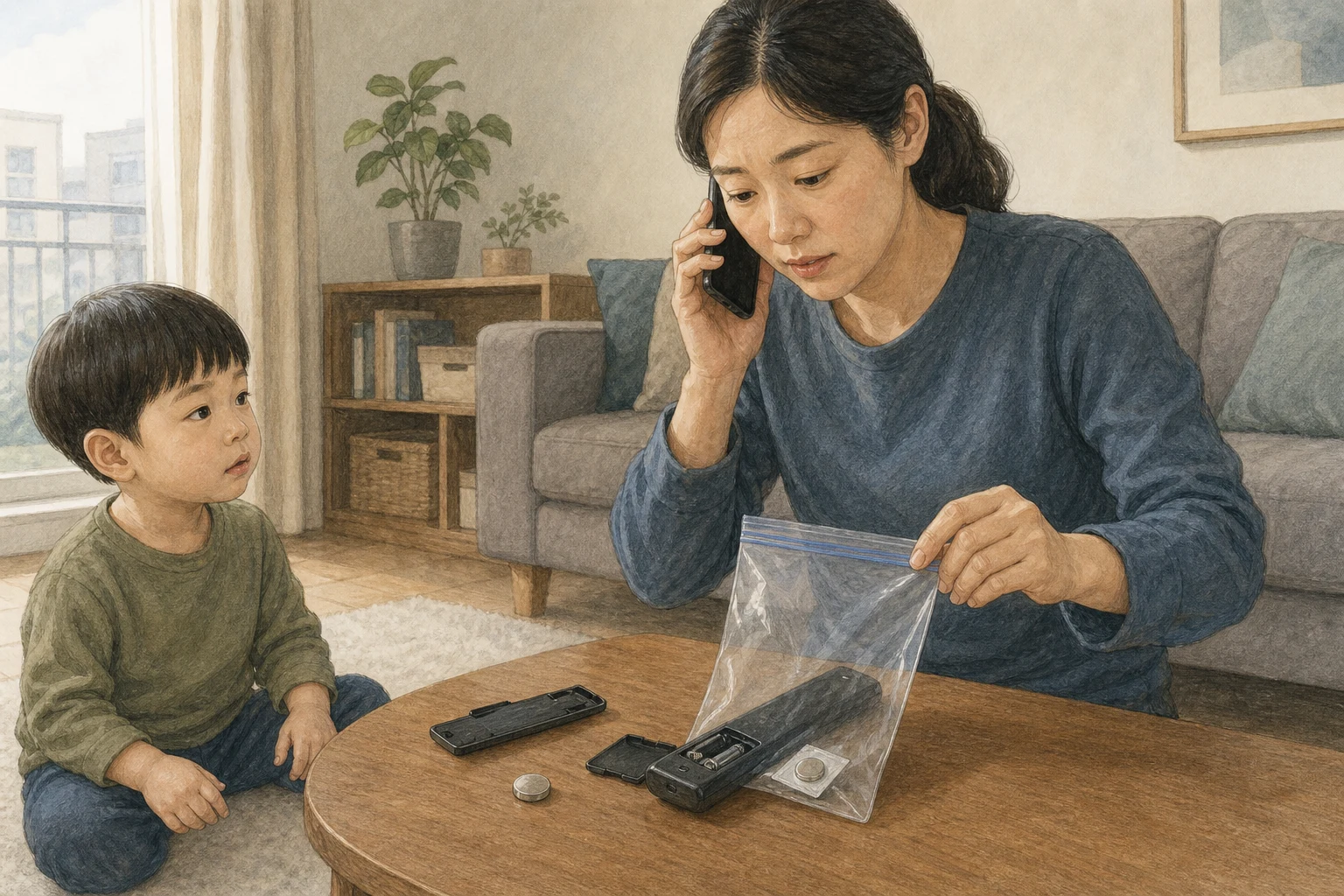 열린 리모컨의 빈 전지함을 발견한 보호자가 아이에게 먹을 것을 주지 않고 119에 전화하며 제품 포장을 챙기는 AI 상황 재구성 (AI 생성 삽화)