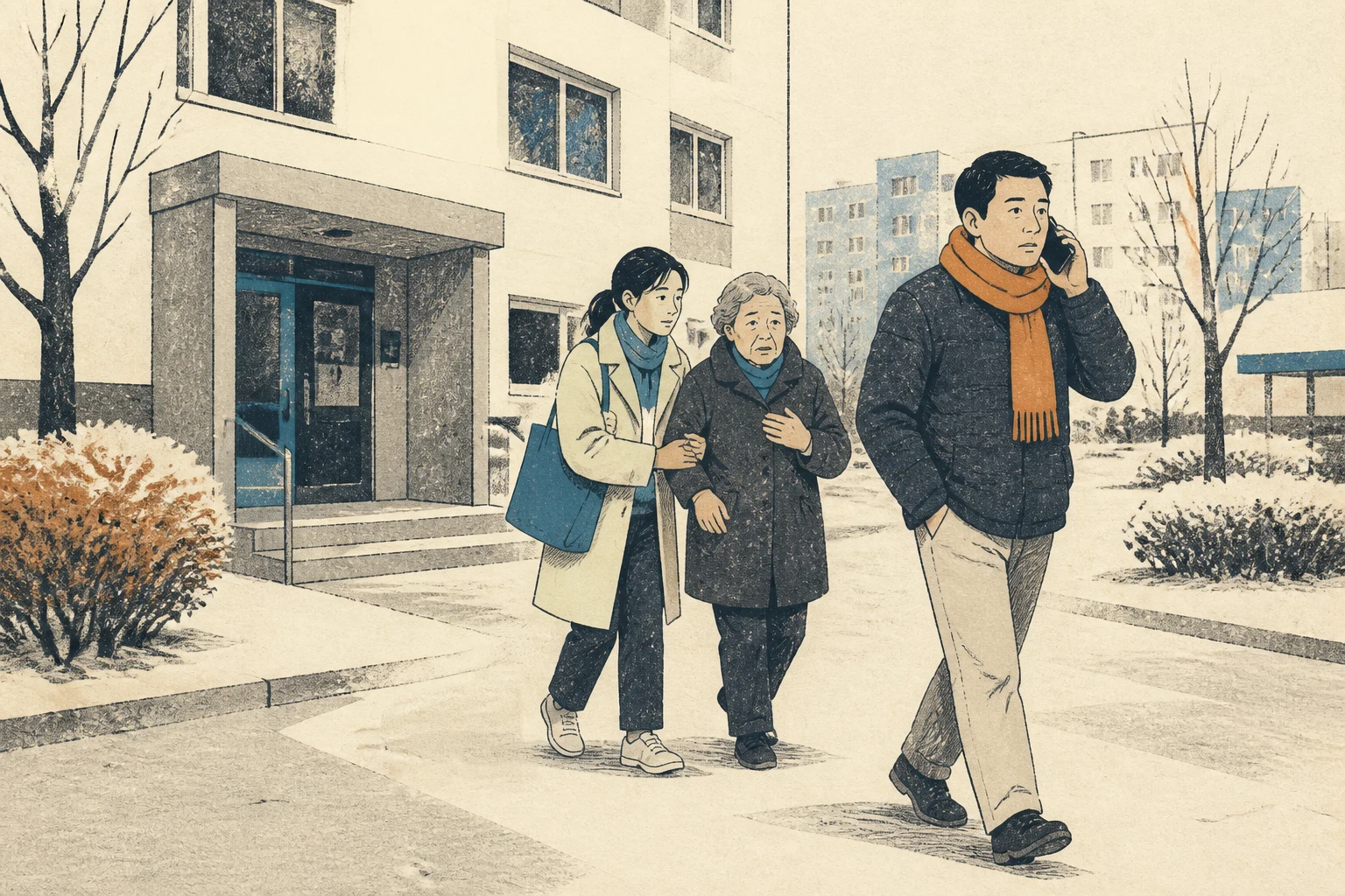 아파트를 나온 주민 세 명이 열린 야외로 계속 이동하고 한 사람은 건물에서 떨어진 곳에서 신고하는 편집 삽화 (AI 생성 삽화)