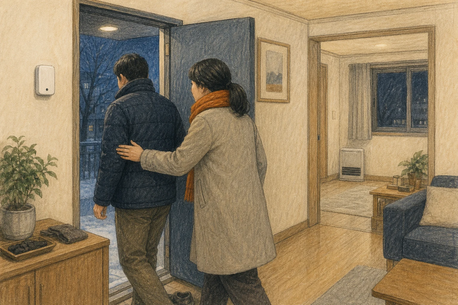 일산화탄소 경보가 울린 아파트에서 가족이 원인을 찾지 않고 현관 밖으로 이동하는 상황 재구성 (AI 생성 삽화)