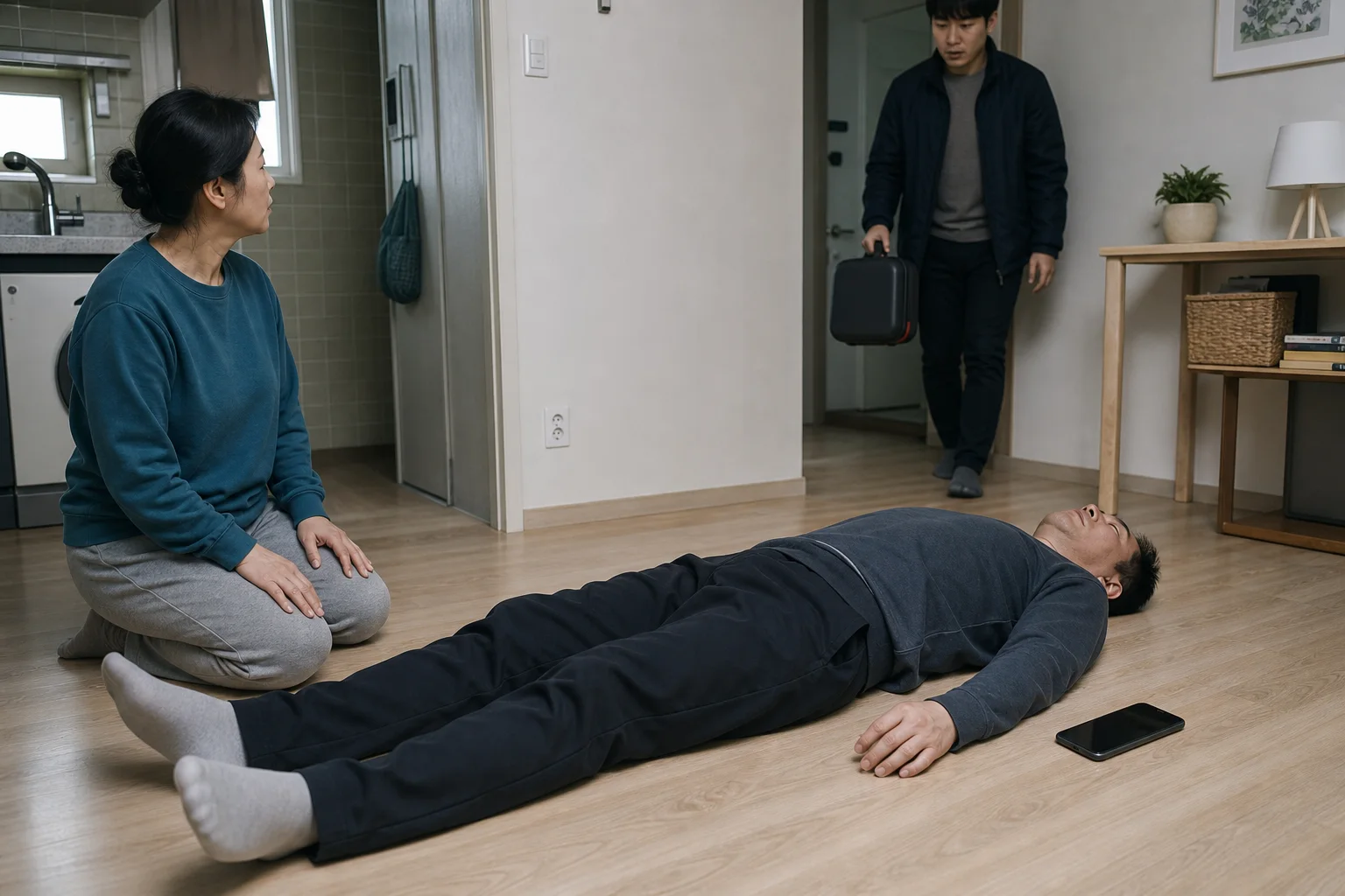 비워 둔 실내 바닥의 반응 없는 성인 옆에 스피커폰을 떨어뜨려 두고 한 구조자는 몸에 손대지 않은 채 대기하며 다른 구조자는 닫힌 AED 가방을 가져오는 상황 재구성 (AI 생성 삽화)
