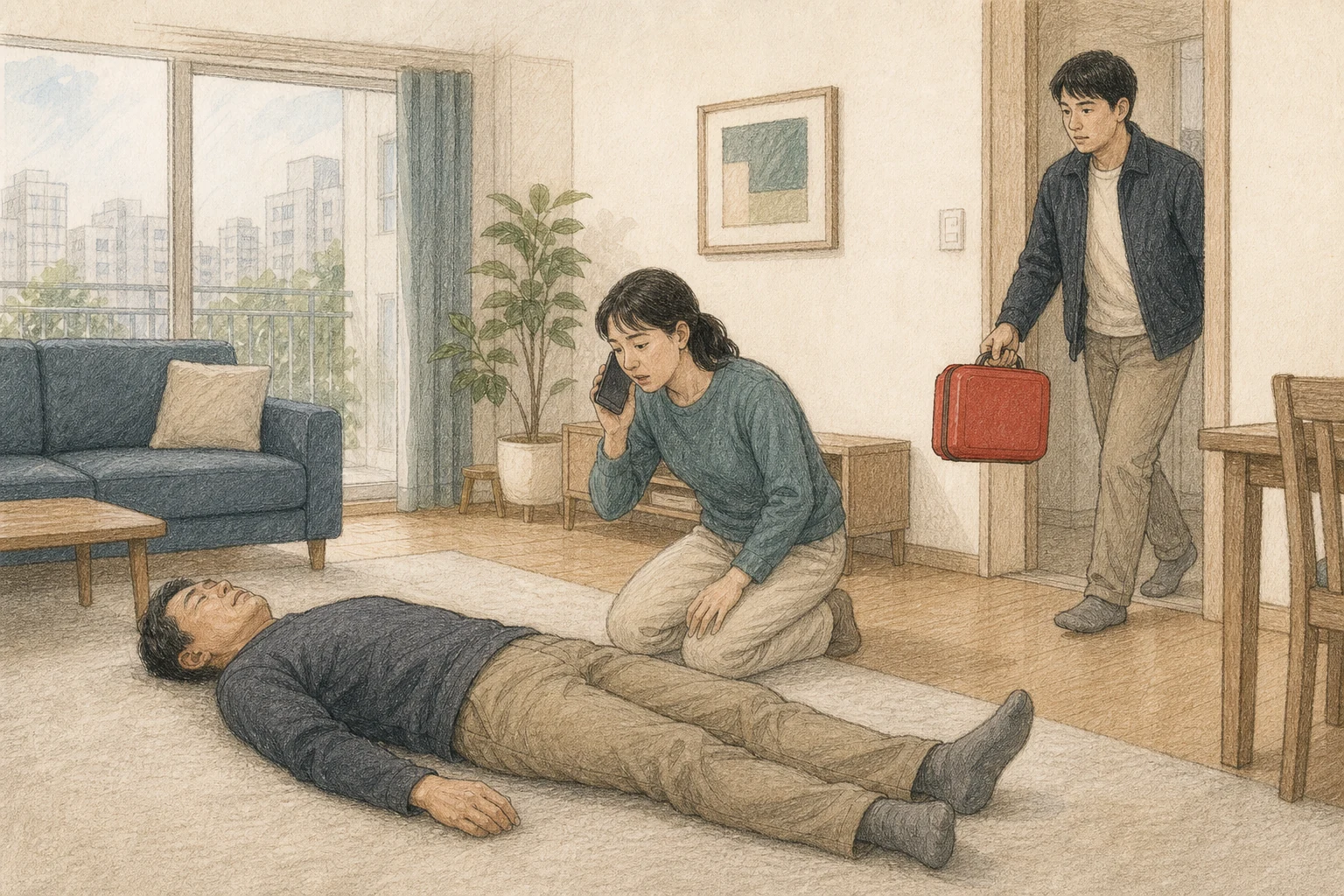 실내에서 반응 없는 성인 곁의 한 사람이 119에 전화하고 다른 사람이 닫힌 AED 가방을 가져오는 상황 재구성 (AI 생성 삽화)