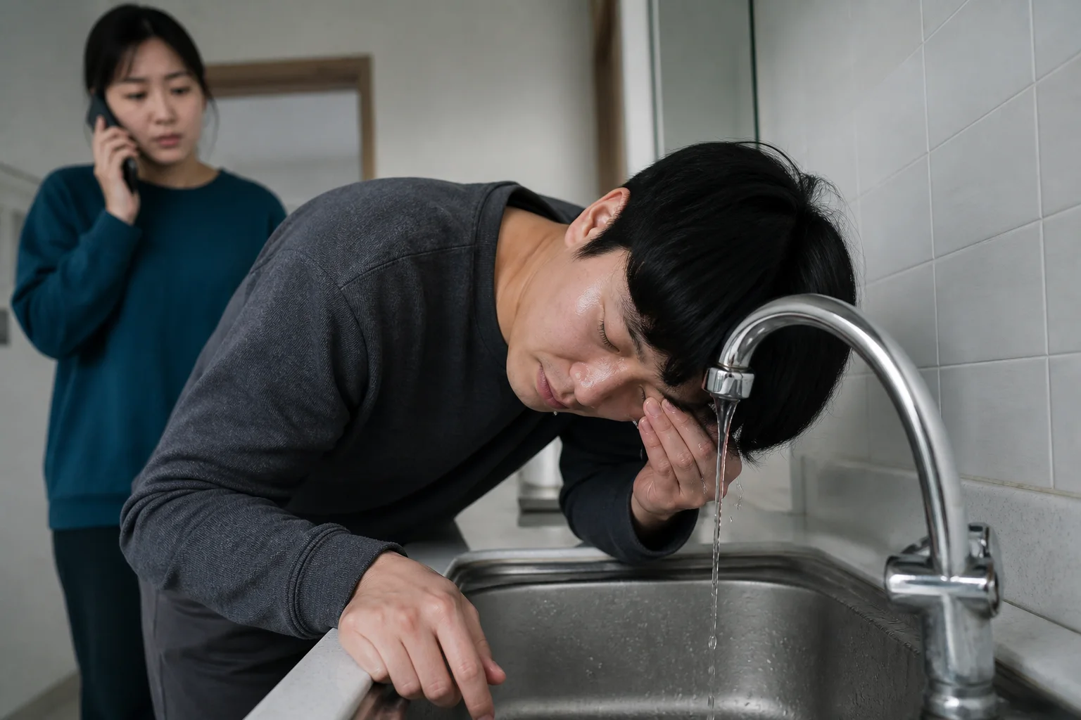 성인이 싱크대에 몸을 숙이고 머리를 옆으로 기울여 한쪽 눈을 흐르는 깨끗한 물로 씻는 동안 동행인이 전화하는 상황 재구성 (AI 생성 삽화)