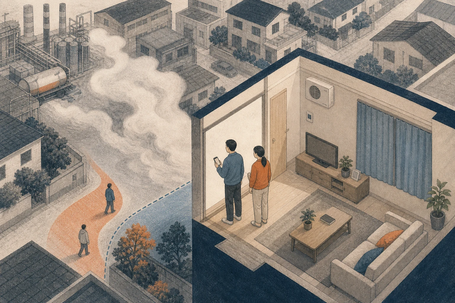 공장 지대의 연무가 건물 사이로 흐르고 아파트 단면 안 주민들이 실내외 경계를 살피는 편집 삽화 (AI 생성 삽화)