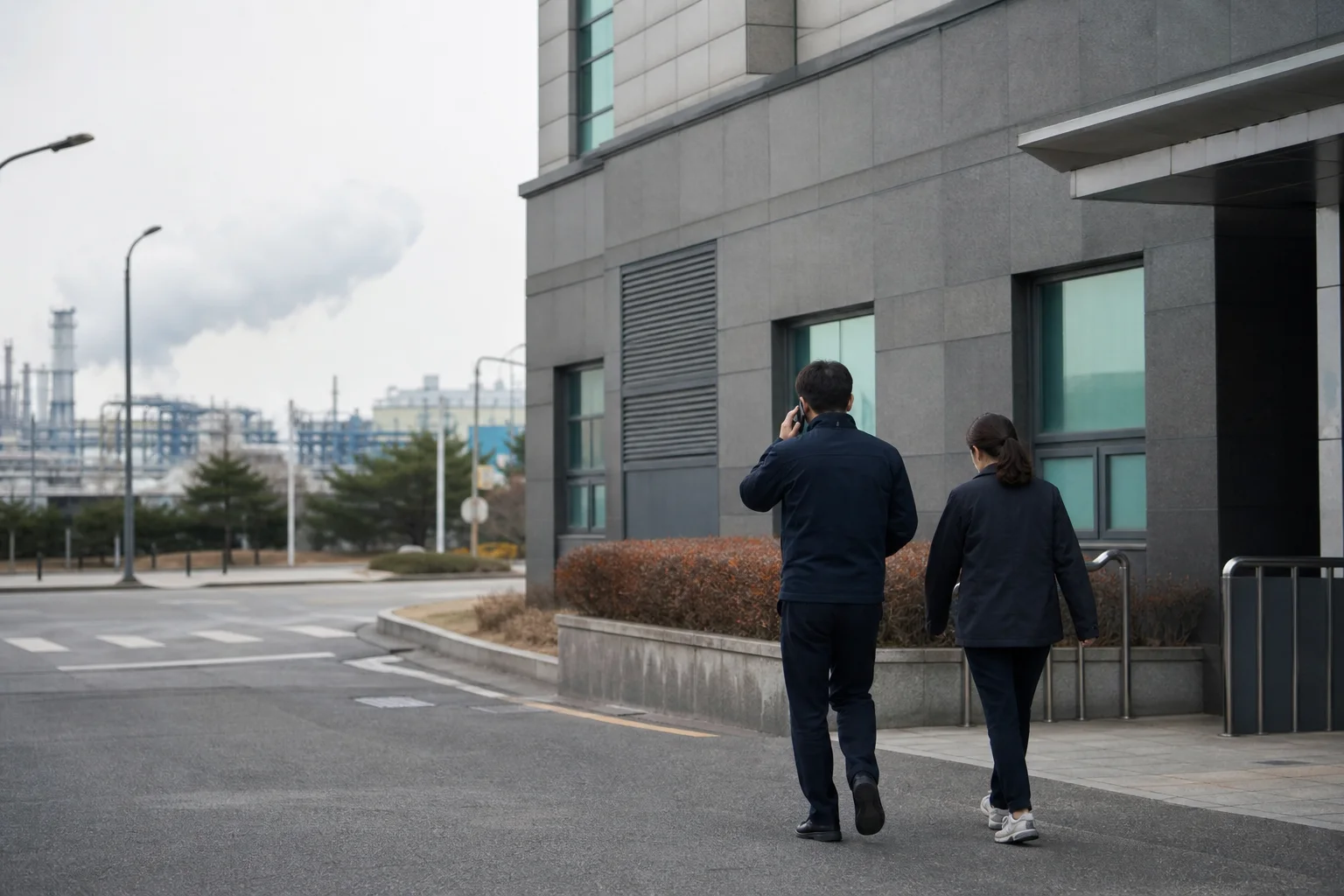 산업시설을 멀리 뒤에 둔 두 사람이 가까운 견고한 건물 쪽으로 이동하며 한 명은 전화로 신고하는 상황 재구성 (AI 생성 삽화)