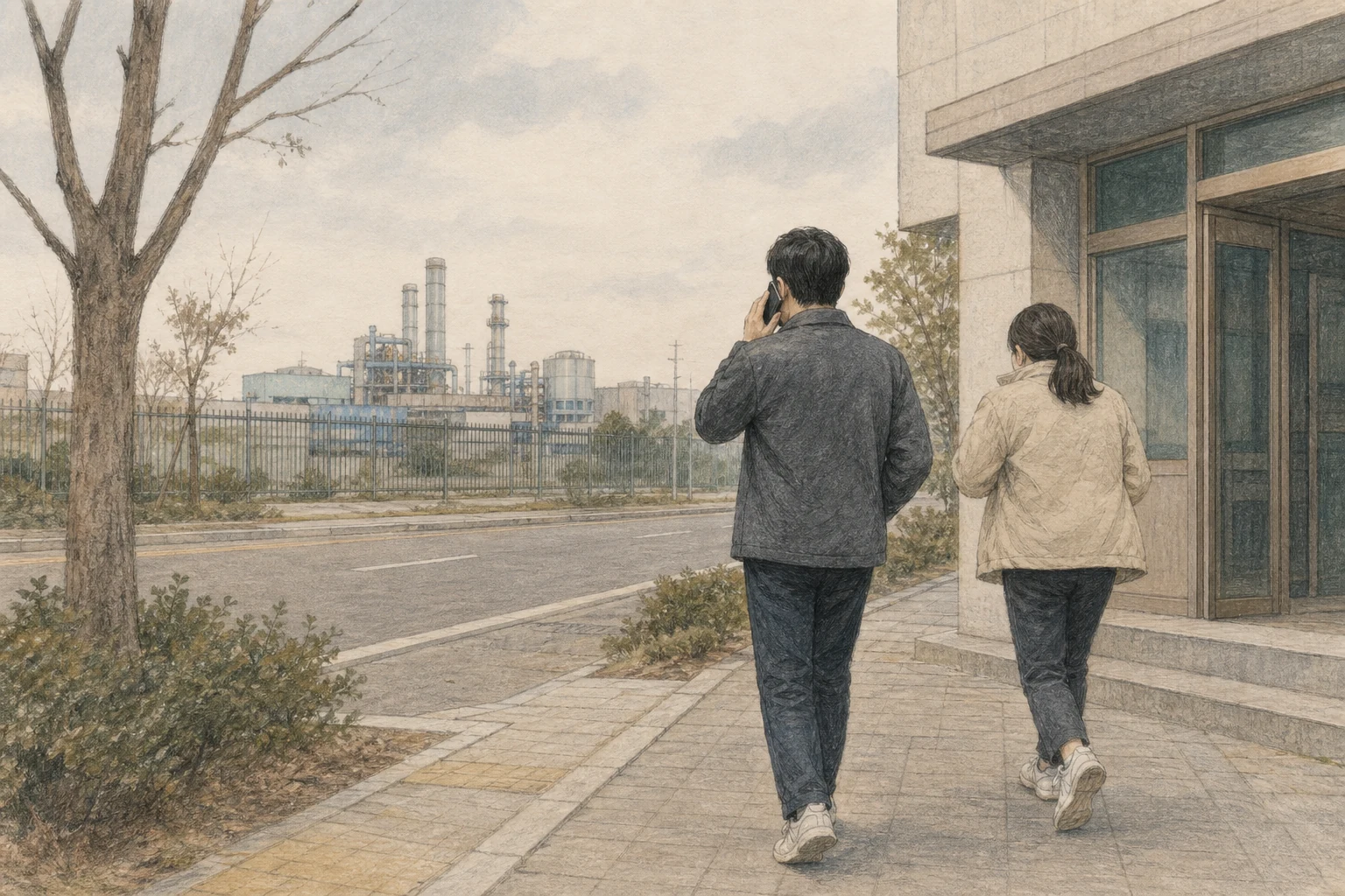 산업단지 가장자리에서 두 사람이 누출 의심 시설을 등지고 안전한 건물 쪽으로 이동하며 119에 신고하는 상황 재구성 (AI 생성 삽화)
