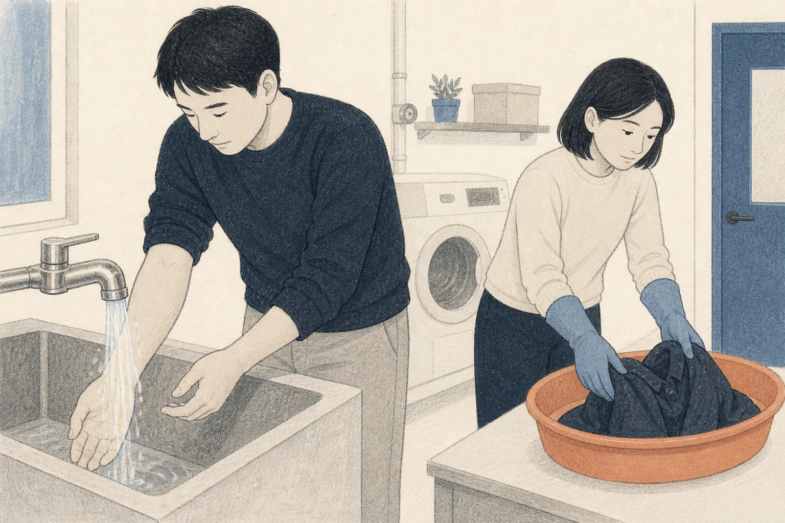 세탁실에서 한 성인이 노출된 팔을 흐르는 물로 씻고 동행인은 장갑을 낀 채 벗은 겉옷을 별도 대야에 분리하는 편집 삽화 (AI 생성 삽화)