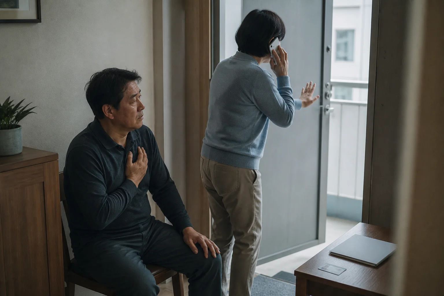 흉부 불편감이 있는 성인이 열린 현관 가까이에 앉아 움직임을 멈추고 동행인은 신고하며 탁자에는 신분증과 닫힌 기록철을 준비한 상황 재구성 (AI 생성 삽화)