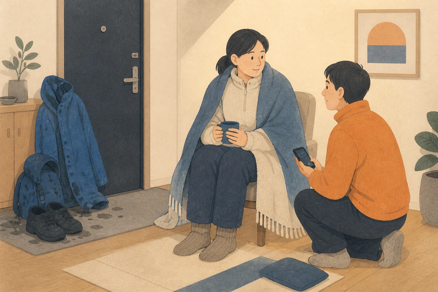 젖은 겉옷과 신발을 현관에 벗어 둔 성인이 마른 옷과 담요로 몸을 감싸고 동행인은 반응을 살피는 편집 삽화 (AI 생성 삽화)