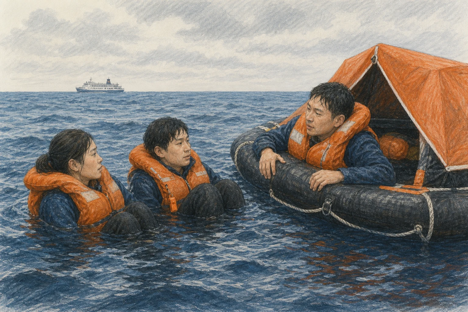 차가운 바다에서 구명조끼를 입은 세 사람이 구명뗏목 가까이에 모여 한 명은 상체를 뗏목 위로 올리고 두 명은 무릎을 당긴 채 머리를 물 밖에 두는 상황 재구성 (AI 생성 삽화)