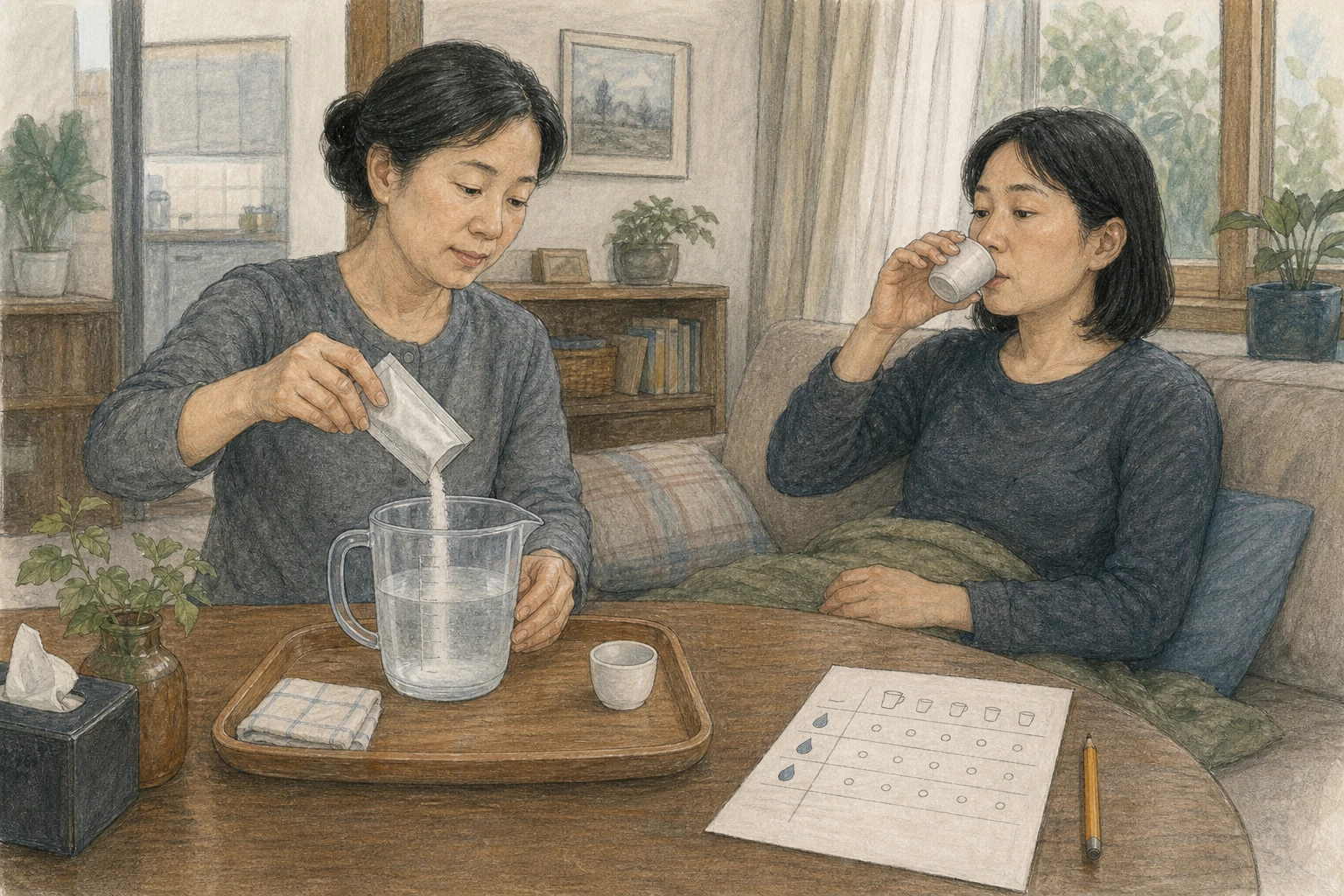 한국 가정에서 보호자가 경구수분보충액을 작은 컵에 나누고 아픈 가족이 한 모금씩 마시며 섭취량을 기록하는 AI 상황 재구성 (AI 생성 삽화)