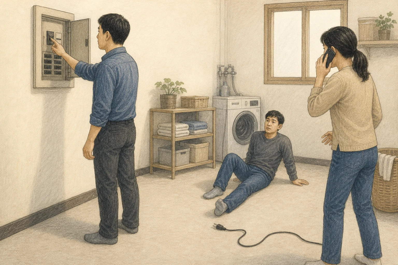 한 사람이 분전반 전원을 끄고 다른 사람이 119에 신고하며 전선 가까이의 부상자를 만지지 않는 감전 상황 재구성 (AI 생성 삽화)