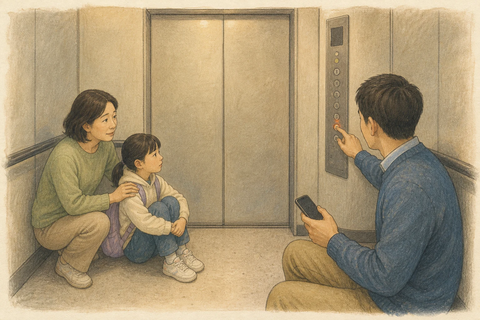 멈춘 한국 아파트 승강기에서 한 성인이 비상통화 버튼을 누르고 다른 성인이 아이를 안심시키며 문에서 떨어진 손잡이 가까이에 기다리는 상황 재구성 (AI 생성 삽화)