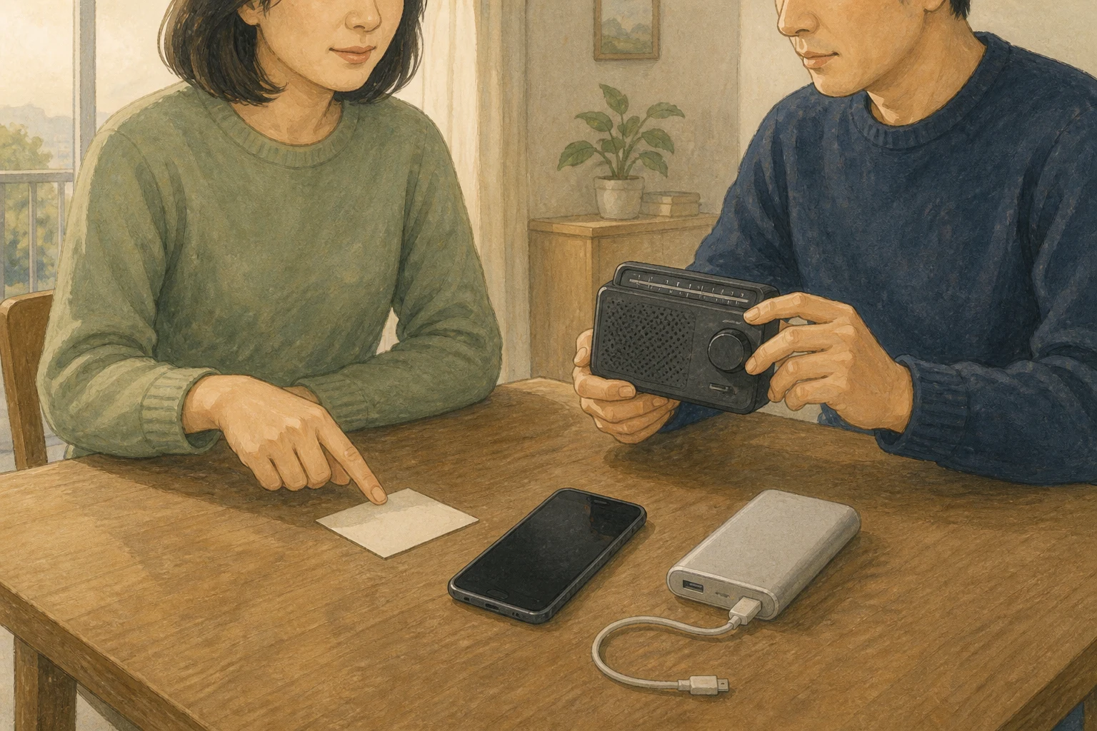 배터리 라디오, 휴대전화, 보조배터리와 종이 연락처를 한 테이블에 두고 연락 순서를 확인하는 두 사람의 손과 상반신을 담은 상황 재구성 (AI 생성 삽화)