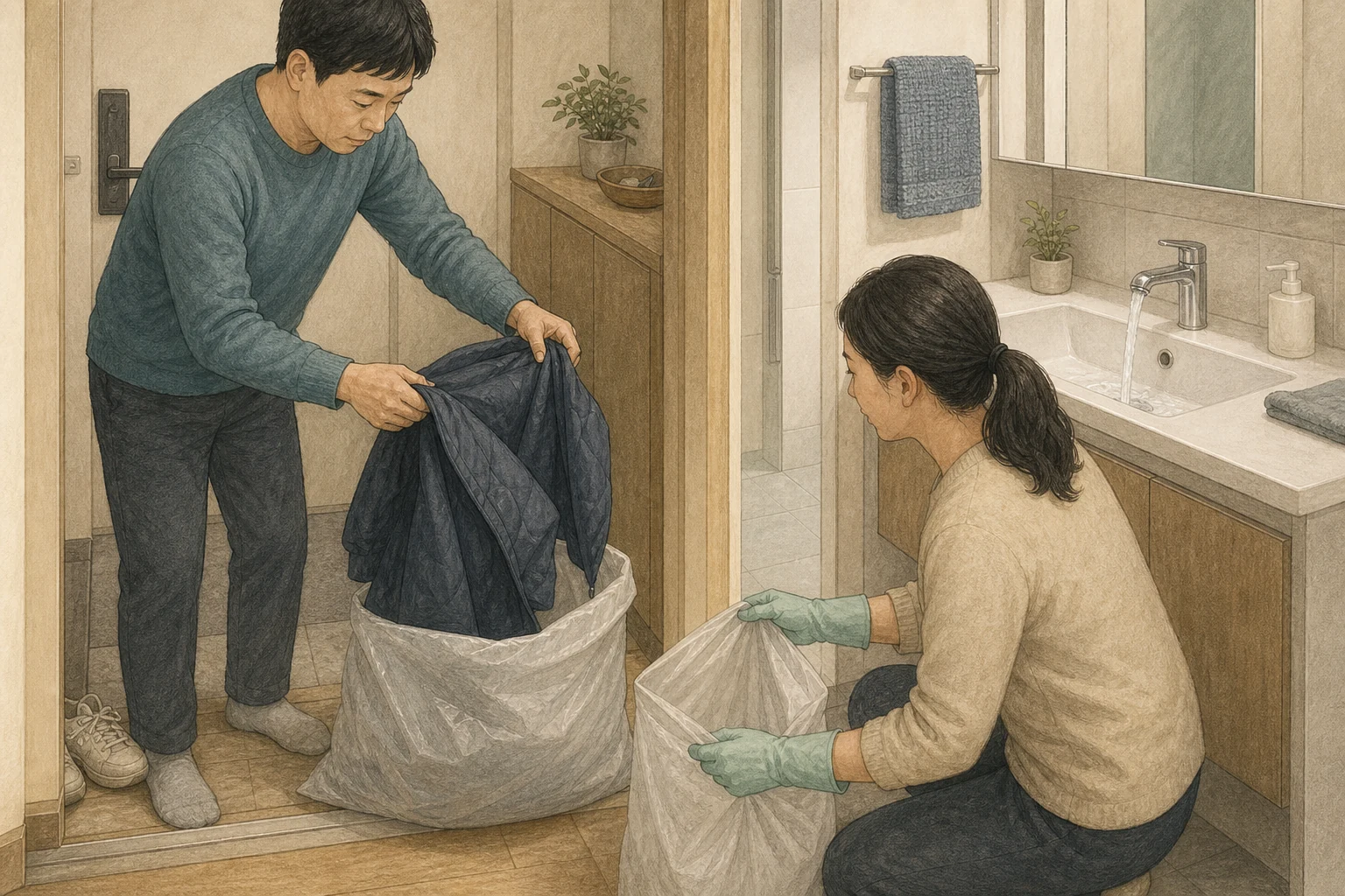 현관 옆 전이 공간에서 한 사람이 겉재킷을 몸에서 멀리 벗어 봉투에 넣고 보호자가 두 번째 봉투를 준비하는 응급 제염 상황 재구성 (AI 생성 삽화)