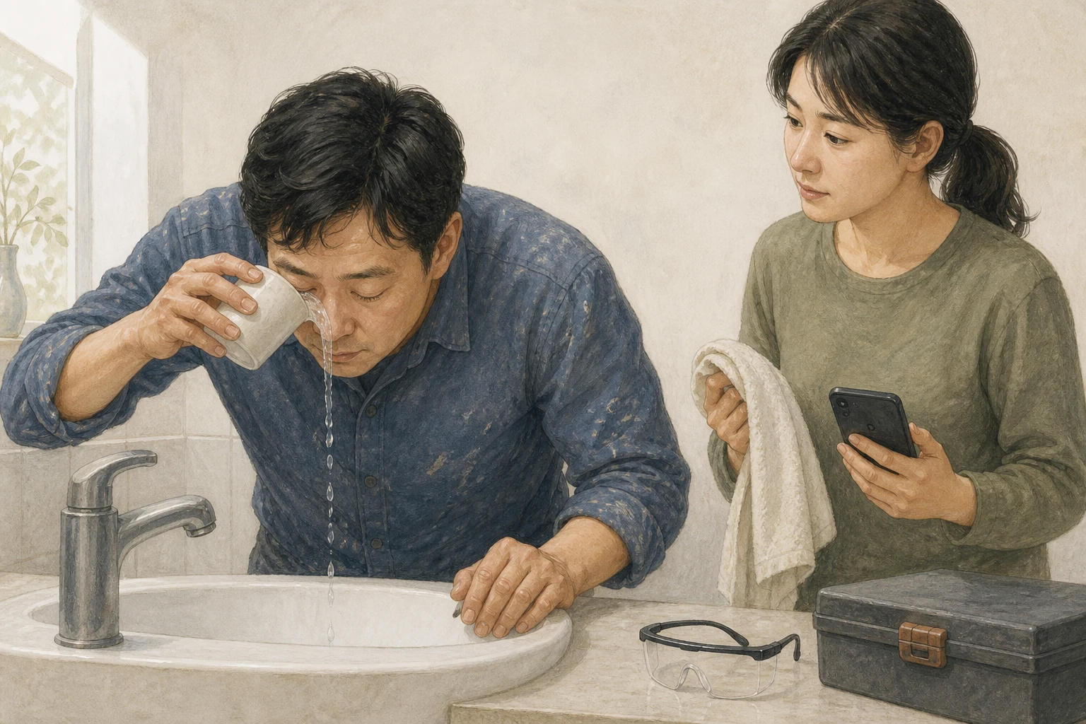 작업 뒤 눈에 먼지가 들어간 성인이 세면대에서 약한 물줄기로 눈을 씻고 동행인이 수건과 전화를 준비하는 AI 상황 재구성 (AI 생성 삽화)