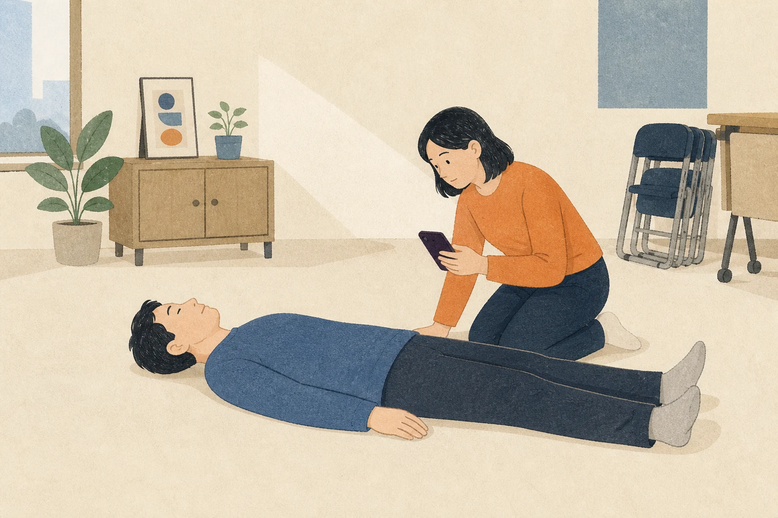 실내 바닥에 반듯이 누워 회복 중인 성인 곁에서 동행인이 휴대전화를 들고 호흡과 반응을 살피는 편집 삽화 (AI 생성 삽화)