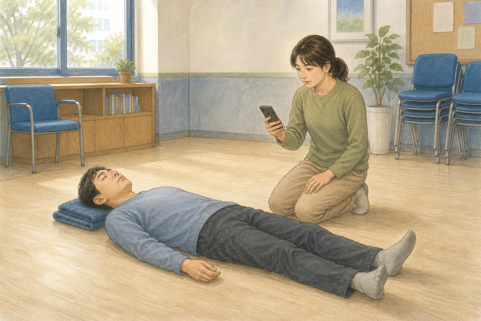 밝은 한국 실내에서 잠깐 의식을 잃었다가 회복 중인 성인이 바닥에 반듯이 누워 있고 동행인이 머리 주변을 비운 채 휴대전화로 시간을 확인하며 호흡을 관찰하는 상황 재구성 (AI 생성 삽화)