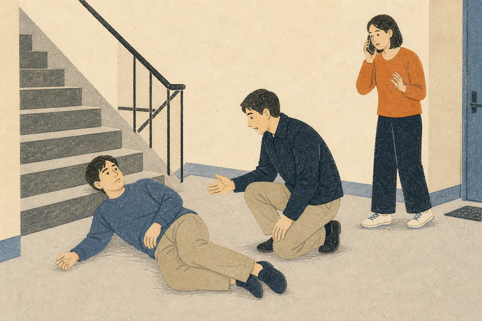 실내 계단 아래에 옆으로 누운 사람에게 한 동행인이 손대지 않고 말을 걸며 다른 동행인은 떨어져 신고하는 편집 삽화 (AI 생성 삽화)