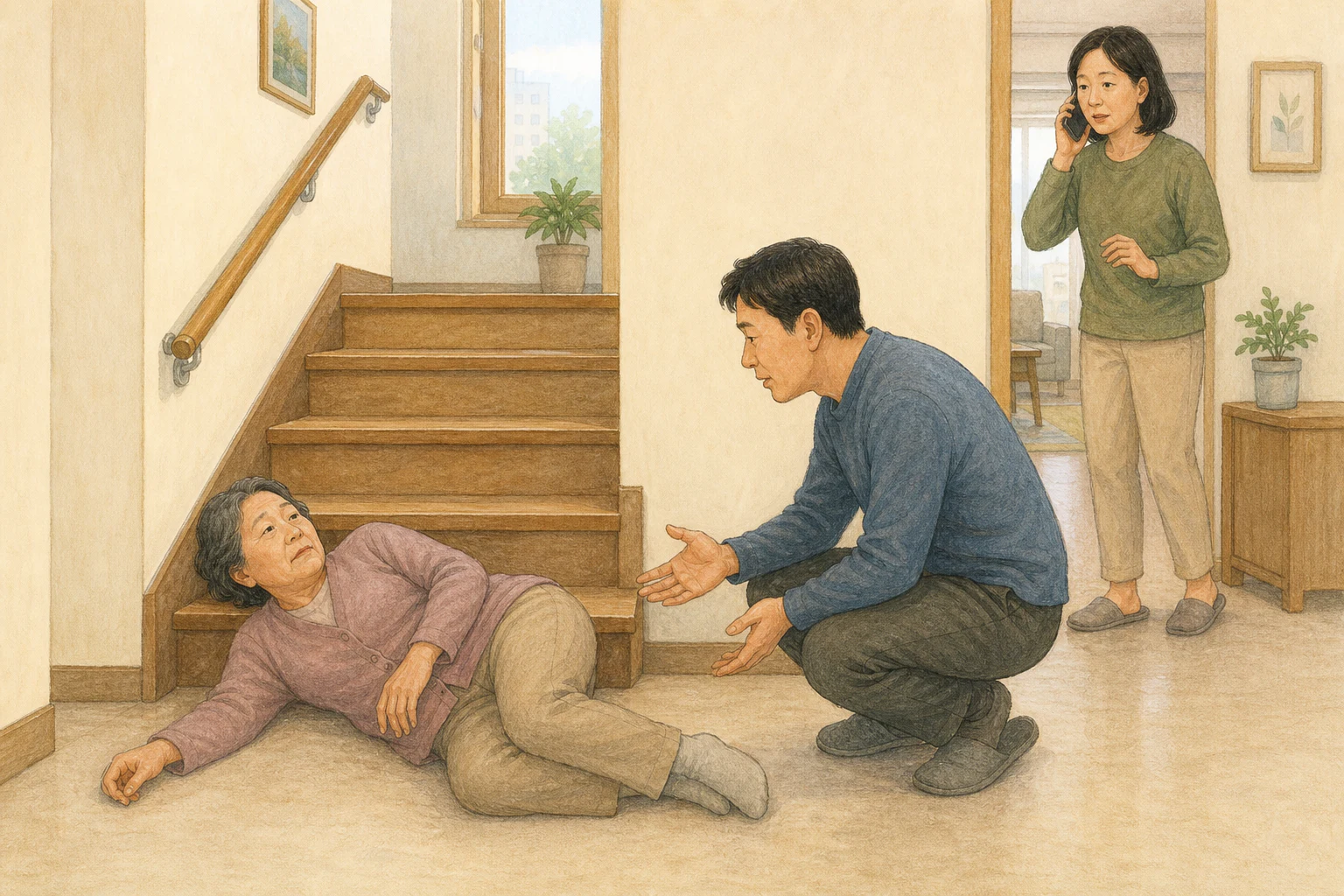 실내 계단 아래에 누운 사람 곁에서 한 사람이 손대지 않고 몸을 낮춰 말을 걸고 다른 사람이 전화기를 들어 신고를 준비하는 상황 재구성 (AI 생성 삽화)