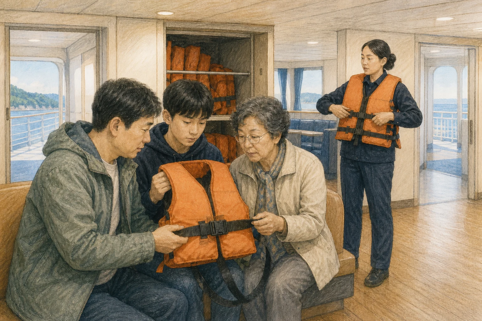 정상 운항 전 한국 여객선 선실에서 가족과 노인이 수납함에서 꺼낸 구명조끼의 허리·하부 끈을 살피고 승무원 착용 시범을 보는 상황 재구성 (AI 생성 삽화)