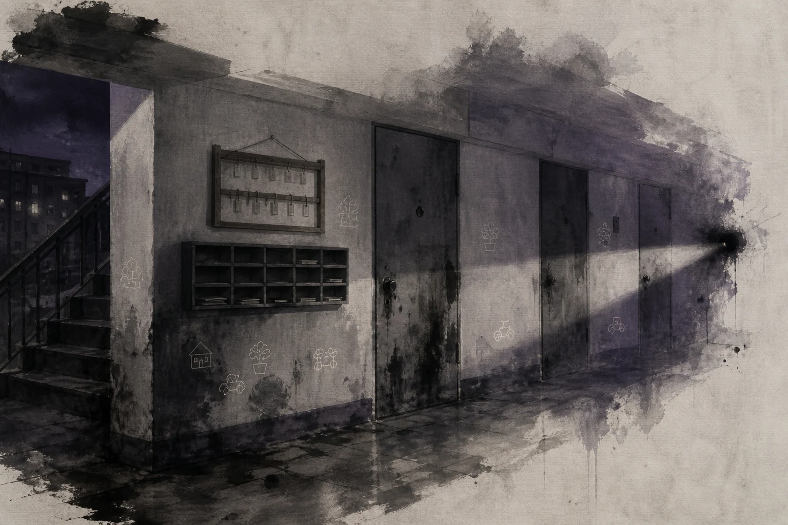 호수 문패를 떼어 낸 아파트 현관을 검은 빛이 훑고 작은 손그림 표식만 남은 먹그림 삽화
