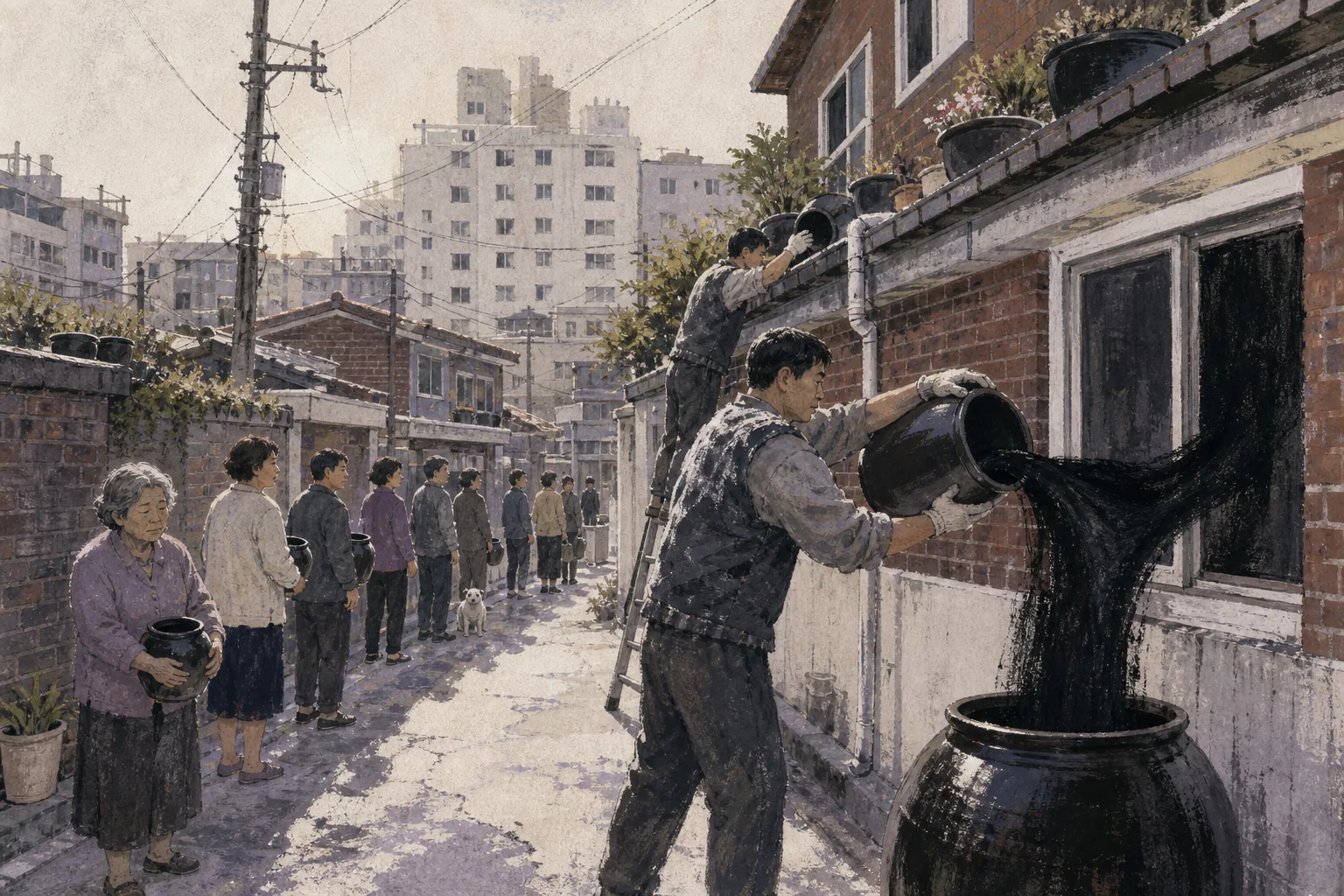 낮이 끝나지 않는 서울 주택가에서 주민들이 검은 항아리를 들고 줄을 서고 작업자가 창문 안으로 액체 같은 밤을 붓는 허구 장면 (AI 생성 삽화)