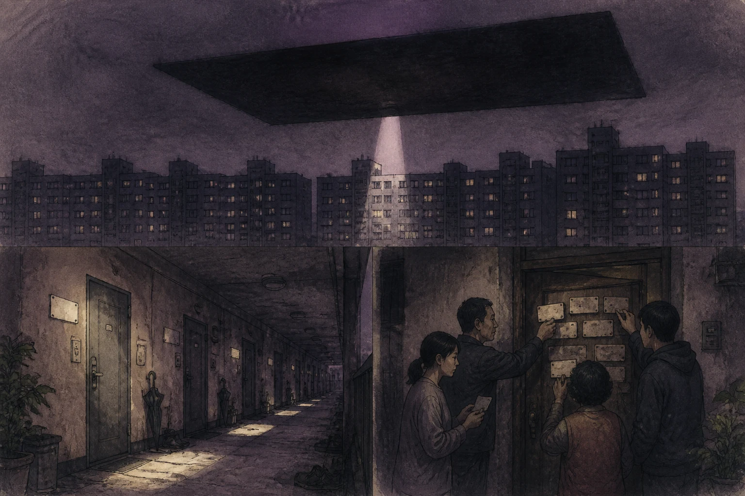 한국 아파트 단지 상공의 거대한 검은 직사각형이 한 현관을 비추고 주민들이 빈 문패를 옆집으로 넘기다가 모두 공동 현관의 나무틀에 모으는 허구 장면 (AI 생성 삽화)