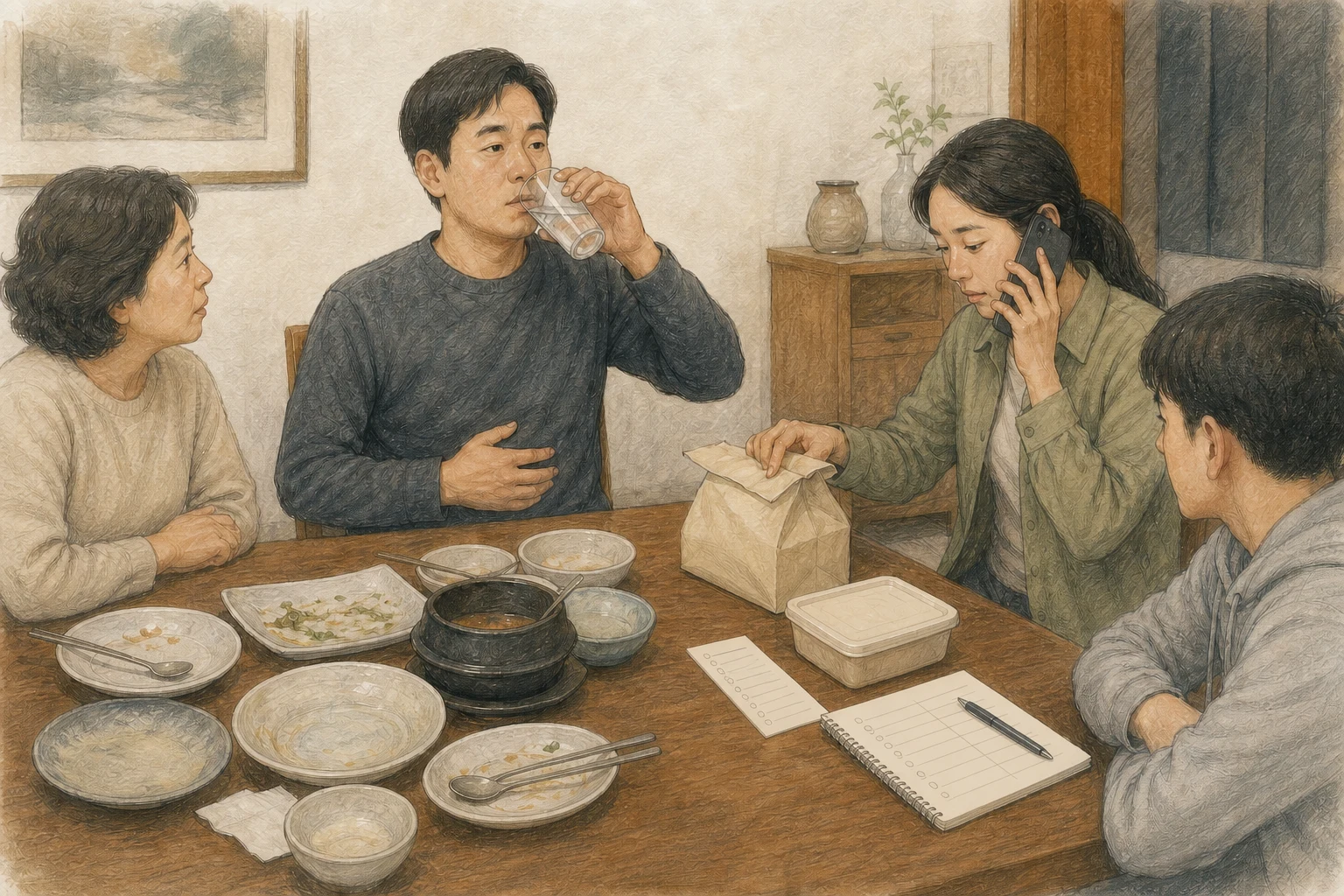 한국 가정 식탁에서 복통이 있는 성인이 쉬며 물을 조금씩 마시고 동행인이 포장과 먹은 시각을 정리해 전화하는 AI 상황 재구성 (AI 생성 삽화)