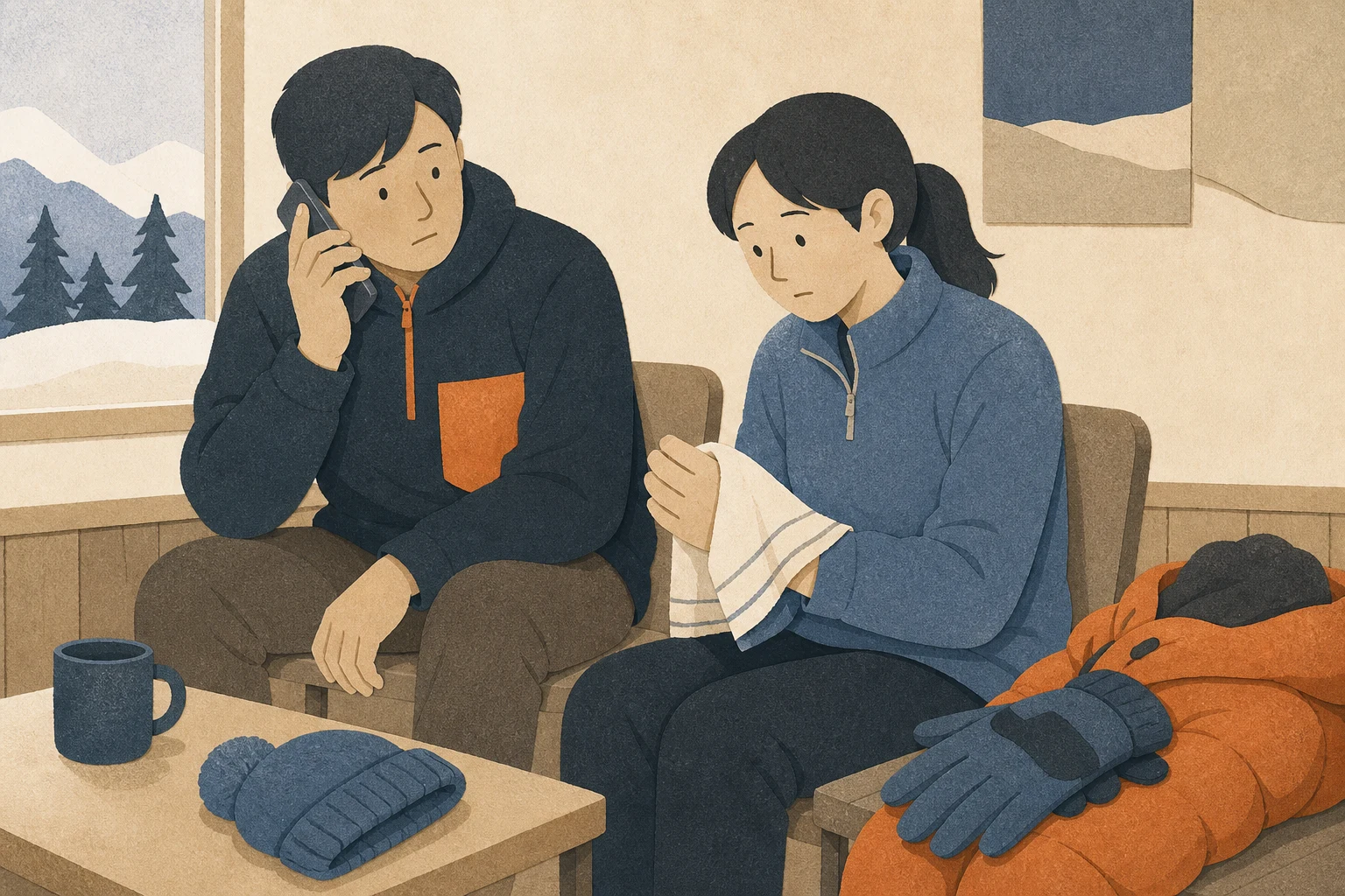 따뜻한 실내에서 성인이 한 손을 마른 천으로 느슨하게 보호하고 동행인은 전화로 도움을 요청하는 편집 삽화 (AI 생성 삽화)