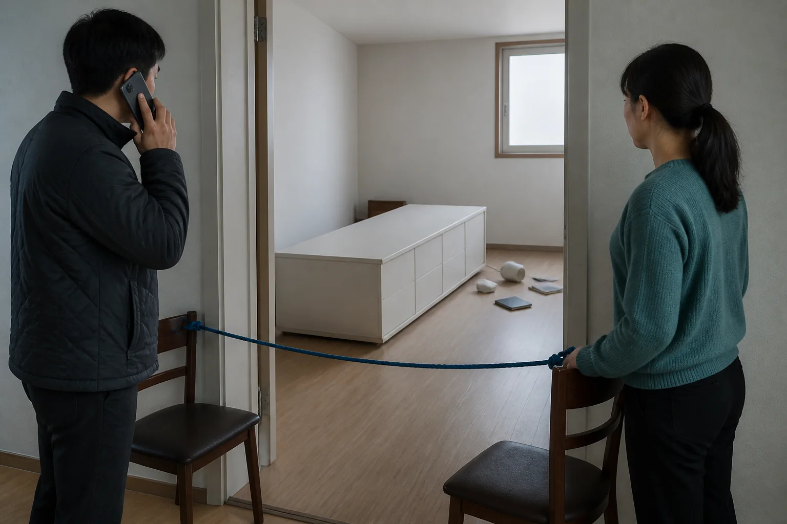 무거운 수납장이 넘어진 빈 방의 출입구에서 두 성인이 실내로 들어가지 않고 의자 사이의 무문자 로프로 통로를 막은 채 전화로 도움을 요청하는 상황 재구성 (AI 생성 삽화)