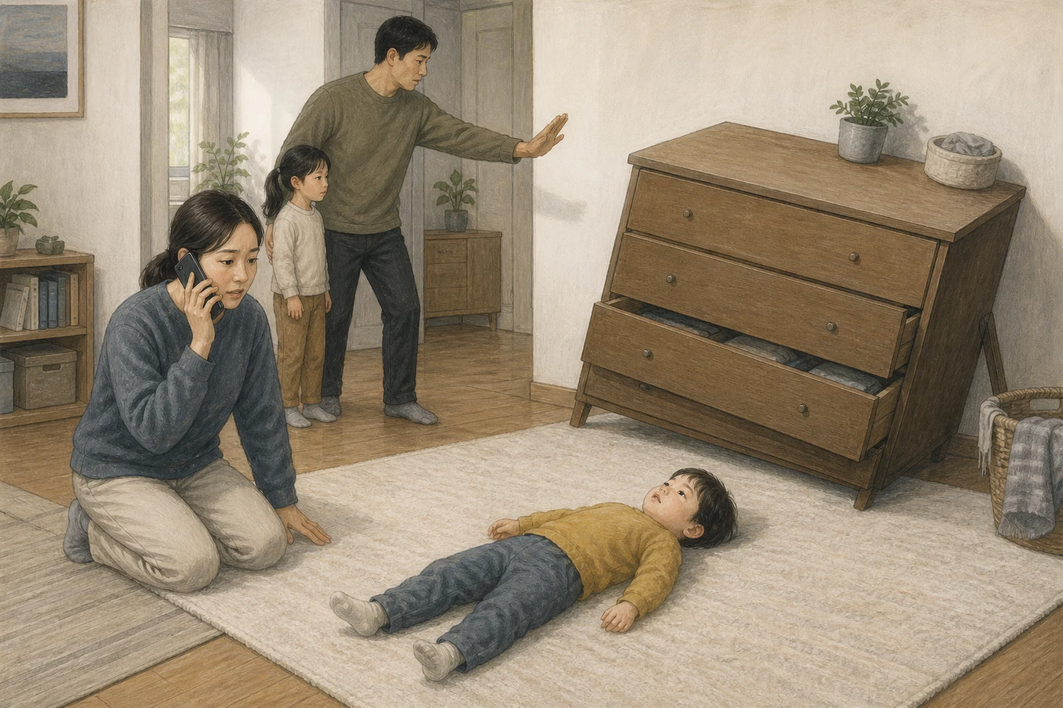 낮은 서랍장이 기울어진 뒤 보호자가 아이를 함부로 일으키지 않고 119에 전화하며 다른 성인이 접근을 막는 AI 상황 재구성 (AI 생성 삽화)