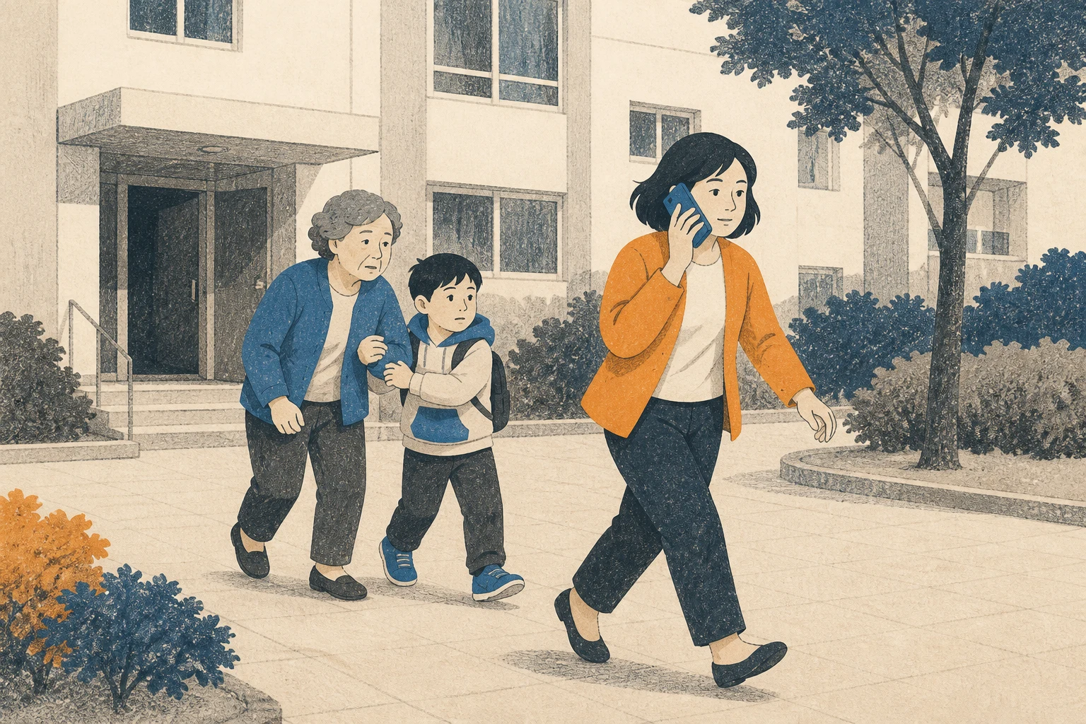아파트를 나온 주민들이 아이와 함께 열린 마당으로 계속 이동하고 앞선 성인은 야외에서 신고하는 편집 삽화 (AI 생성 삽화)
