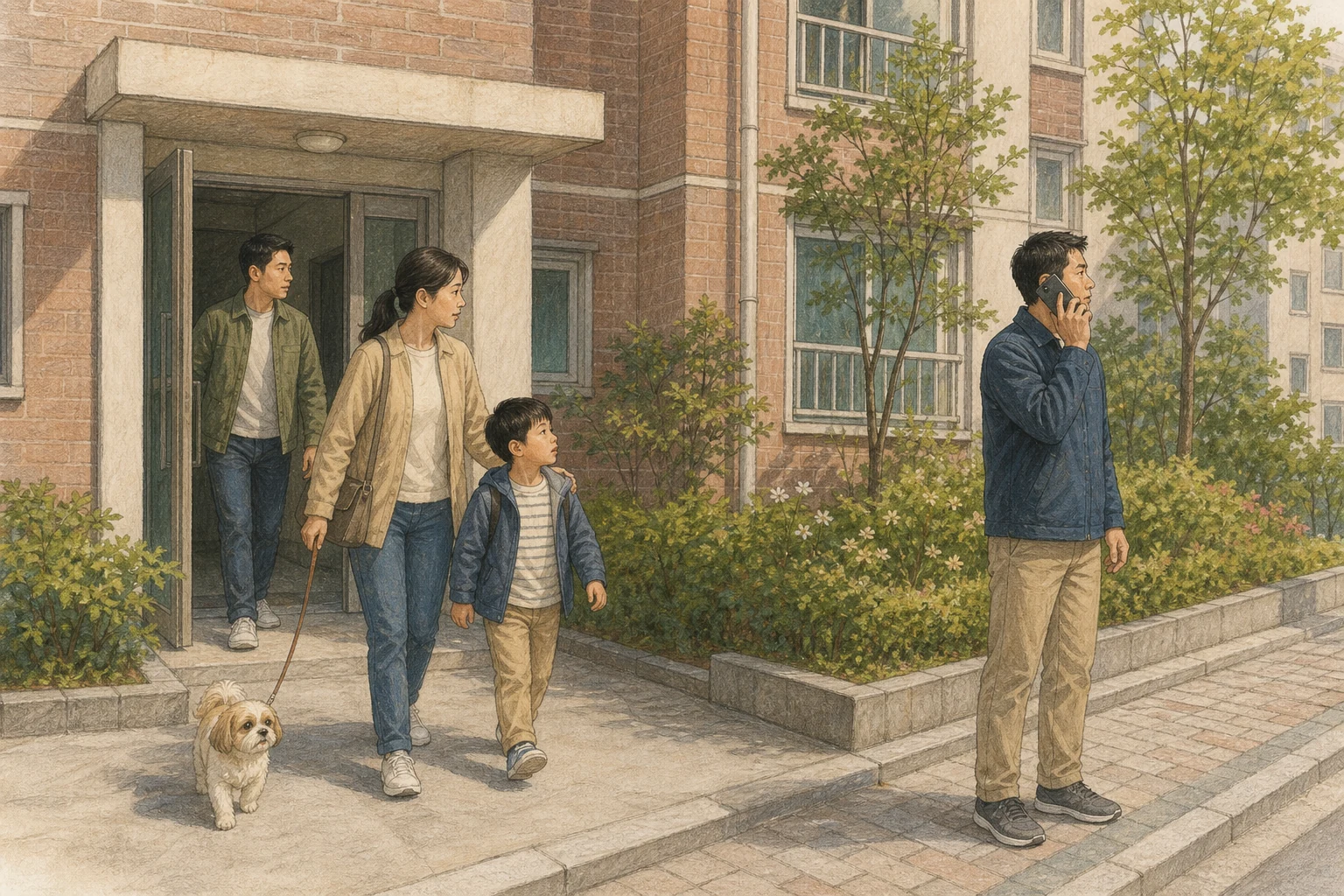 한국 아파트 건물 밖에서 가족이 아이와 반려동물을 데리고 현관을 빠져나오고 다른 성인이 건물에서 떨어진 보도에서 휴대전화로 신고하는 상황 재구성 (AI 생성 삽화)