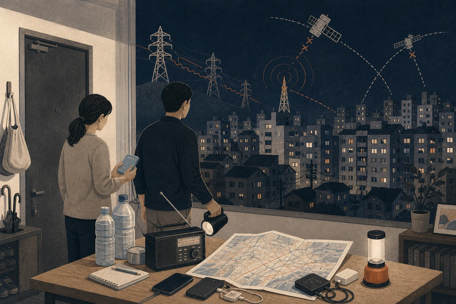 밤의 도시 전력선과 위성 궤적 아래 종이 지도, 라디오, 조명과 물을 둔 아파트 내부의 삽화 (AI 생성 삽화)