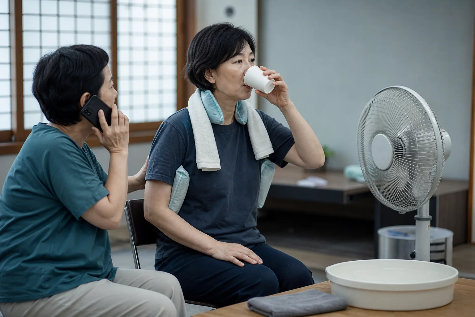 시원한 실내에서 의식이 또렷한 성인이 스스로 작은 컵의 물을 마시고 동행인은 옷 위 겨드랑이에 감싼 냉찜질팩과 목의 젖은 수건, 선풍기로 몸을 식히며 다른 사람은 전화하는 상황 재구성 (AI 생성 삽화)